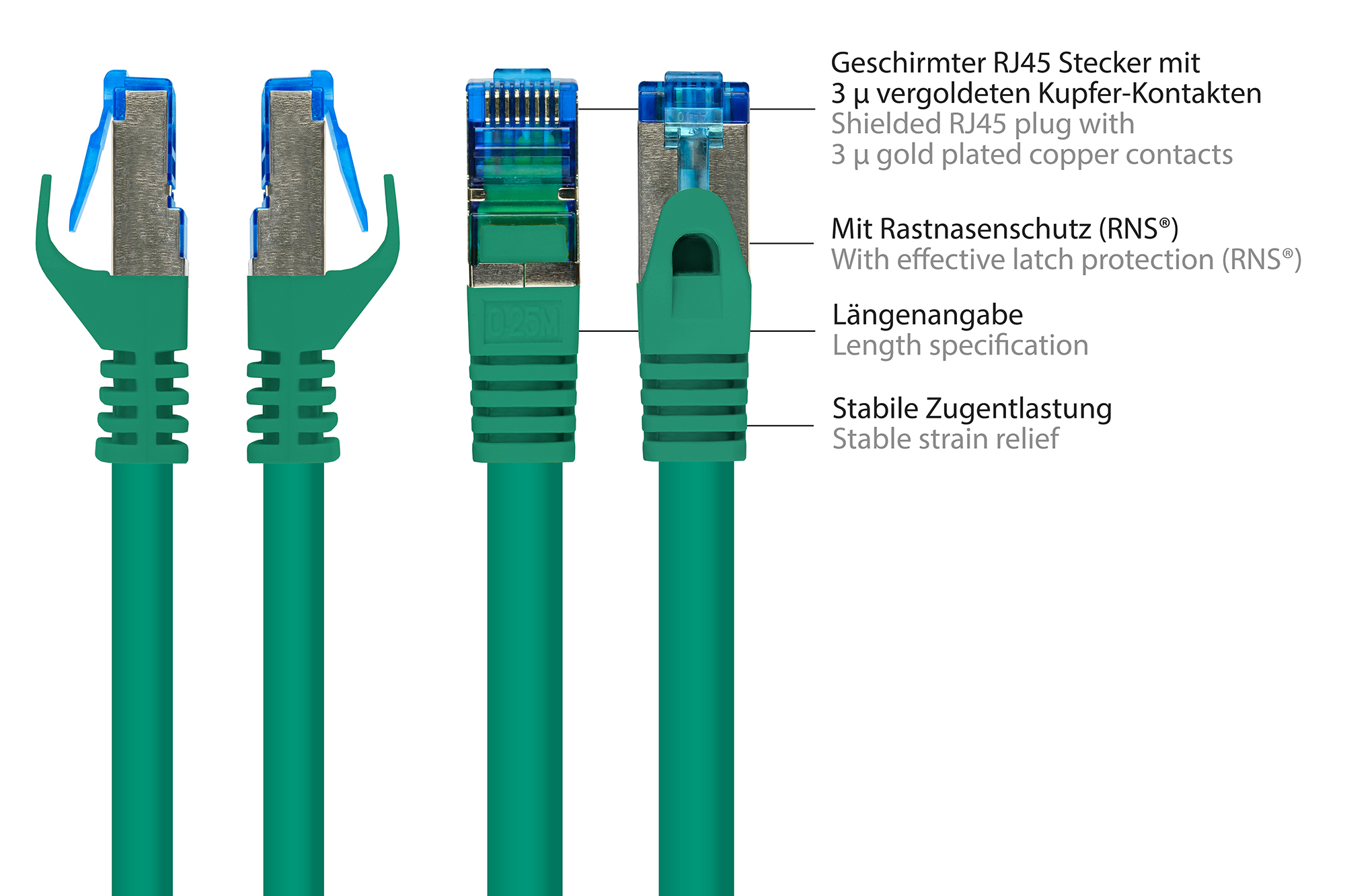 RNS® Patchkabel mit Rastnasenschutz, Cat. 6A, S/FTP, PiMF, halogenfrei, 500MHz, grün, 0,25m, Good Connections®