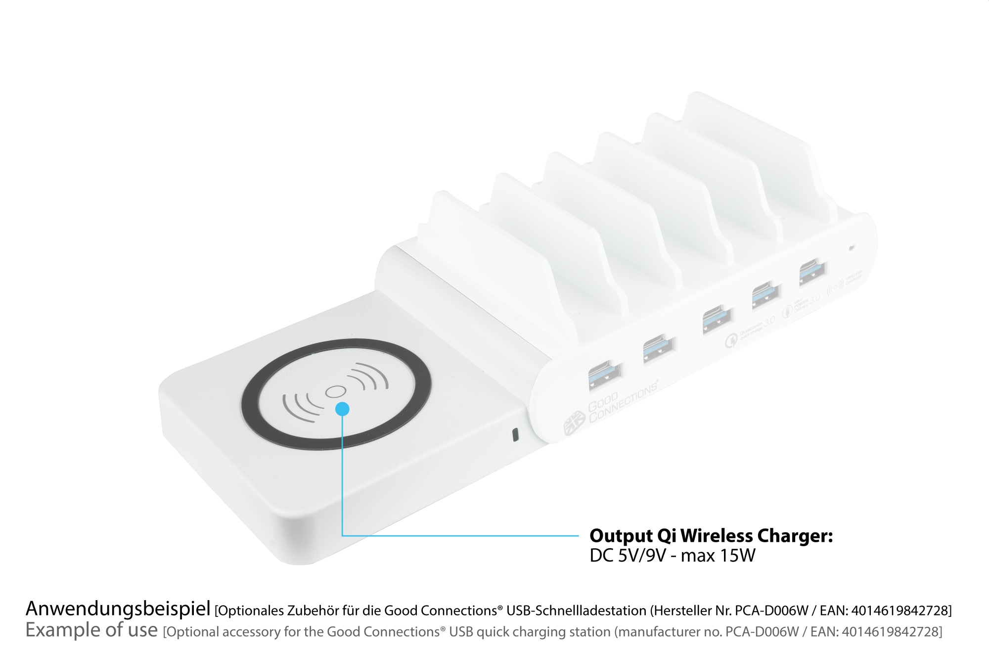 Qi Wireless Charging Pad 15W for Good Connections® USB Desktop Fast Charging Station PCA-D006W (left side)