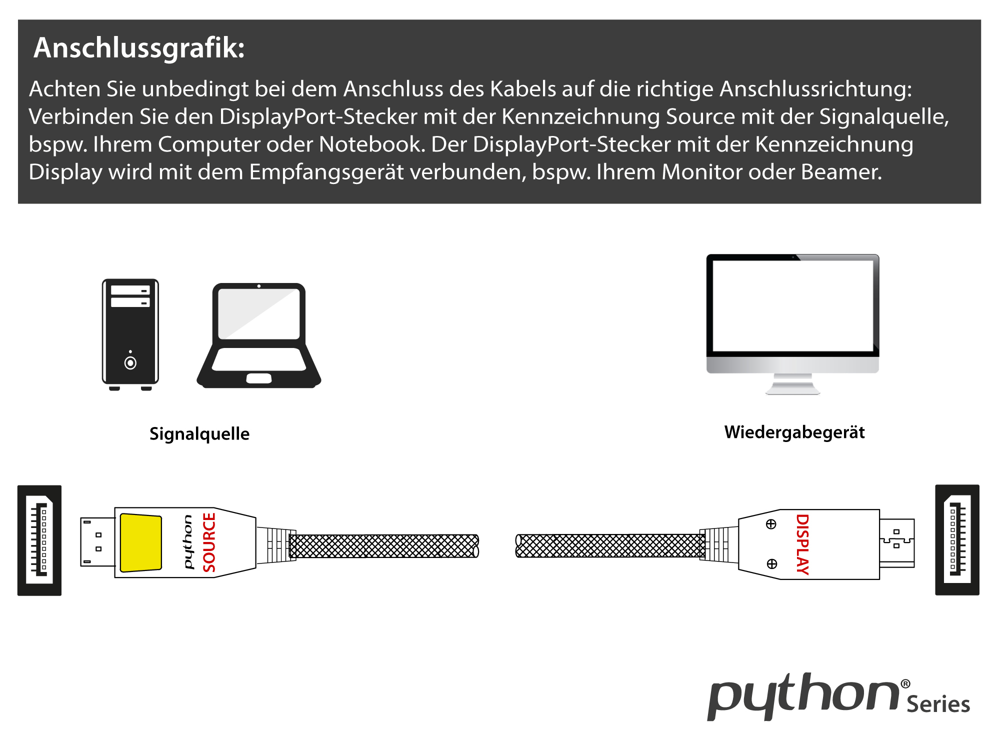 Anschlusskabel DisplayPort 1.4, 8K / UHD-2 @60Hz, AKTIV (Redmere Chipsatz), Vollmetallstecker, CU, Nylongeflecht schwarz, 10m, PYTHON® Series