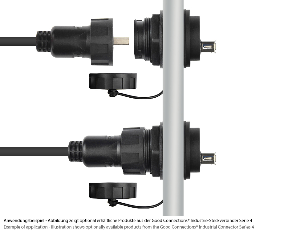 Industrial Connector S4 - USB 2.0 feed-through coupling, socket A on both sides, single-ended with cover, bayonet, IP67, black, Good Connections®