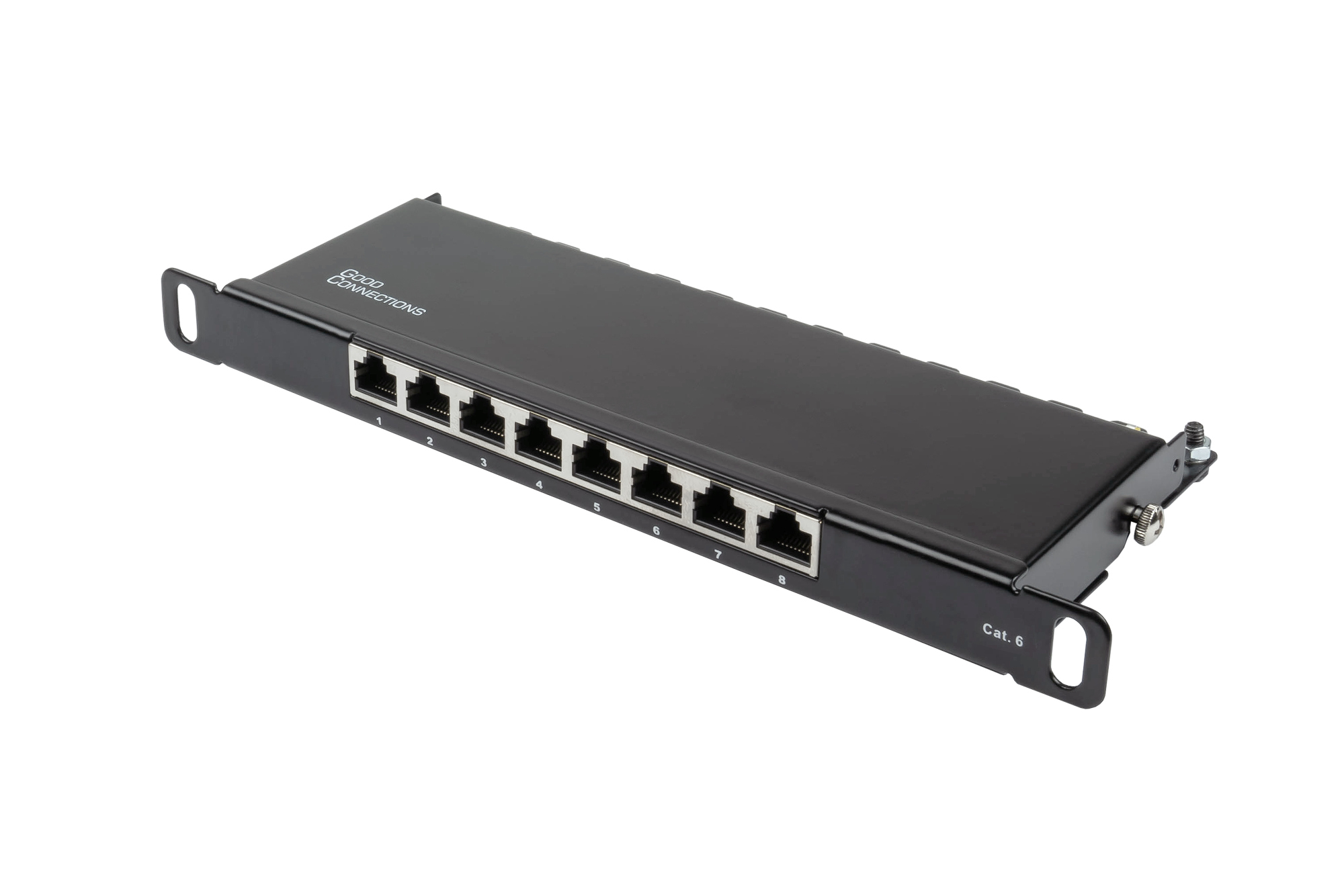 Patch Panel 10" Cat. 6, 8-port, 0,5 U, STP shielded, toolless opening, deep black (RAL9005), Good Connections®