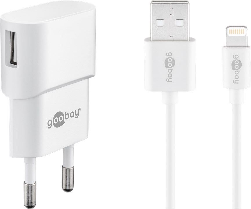 USB-Ladegerät, 1 Port, 1A, inkl. Anschlusskabel Apple Lightning Connector an USB A Stecker, weiß, 1m