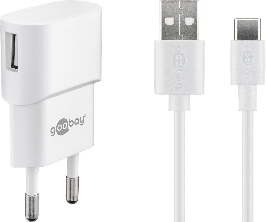 USB-Ladegerät, 1 Port, 1A, inkl. Type-C™ Kabel an USB A Stecker, weiß , 1m