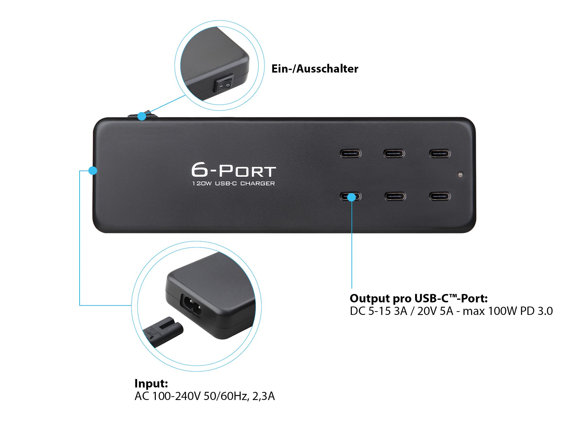 USB desktop fast charging station 120W, 6-port (6x USB-C™), PD 3.0, QC 4+, black, Good Connections®
