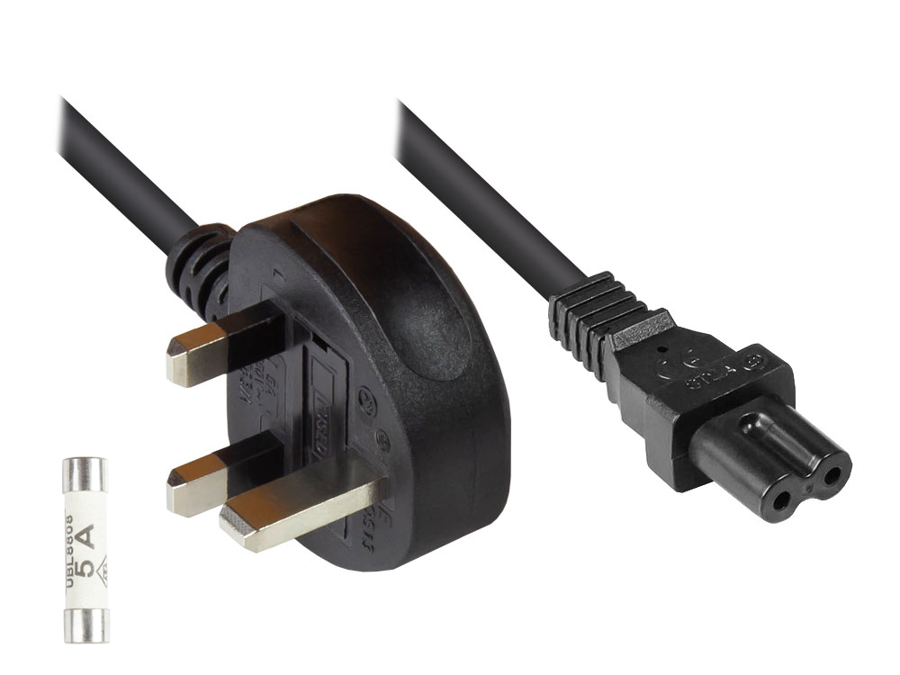 Netzkabel England/UK Netz-Stecker Typ G (BS 1363) an C7/Euro 8 Buchse (gerade), 5A Sicherung, schwarz, 0,75 mm², 1,5 m, Good Connections®