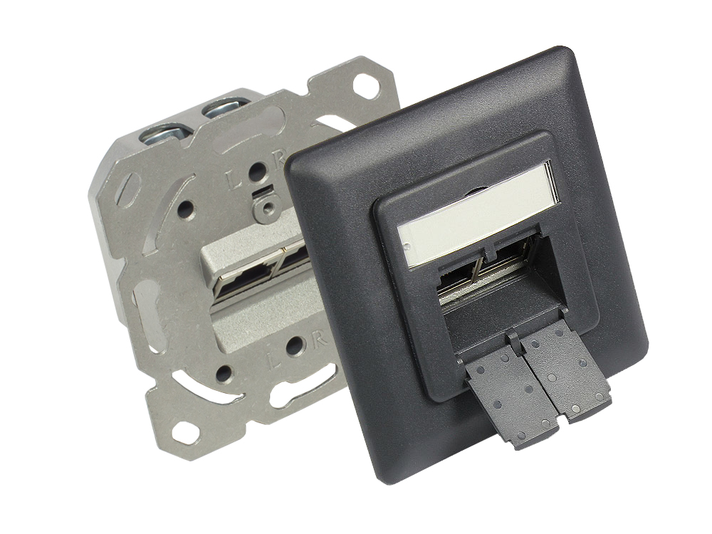 Netzwerkdose Cat. 6, 2xRJ45, geschirmt, UP, vertikale Kabelzuführung, inkl. Zentralstück und Abdeckrahmen, anthrazitgrau (matt) RAL7016, Good Connecti