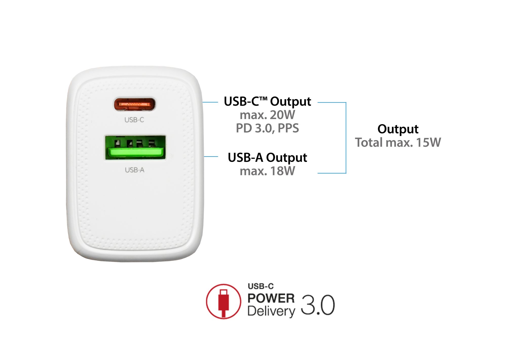 USB-Schnellladegerät 20W, 2-Port (1x USB A, 1x USB C™), PPS, PD 3.0, weiß, Good Connections®