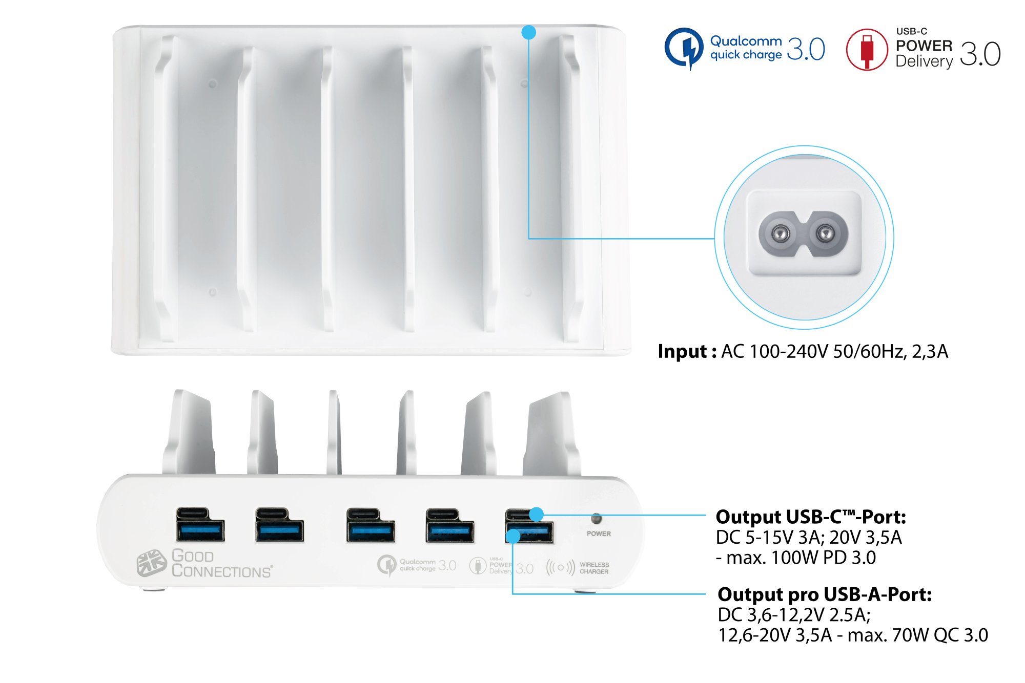 USB desktop fast charging station 110W, 10-port (5x USB-C™ and 5x USB-A), PD 3.0, QC 3.0, white, Good Connections®