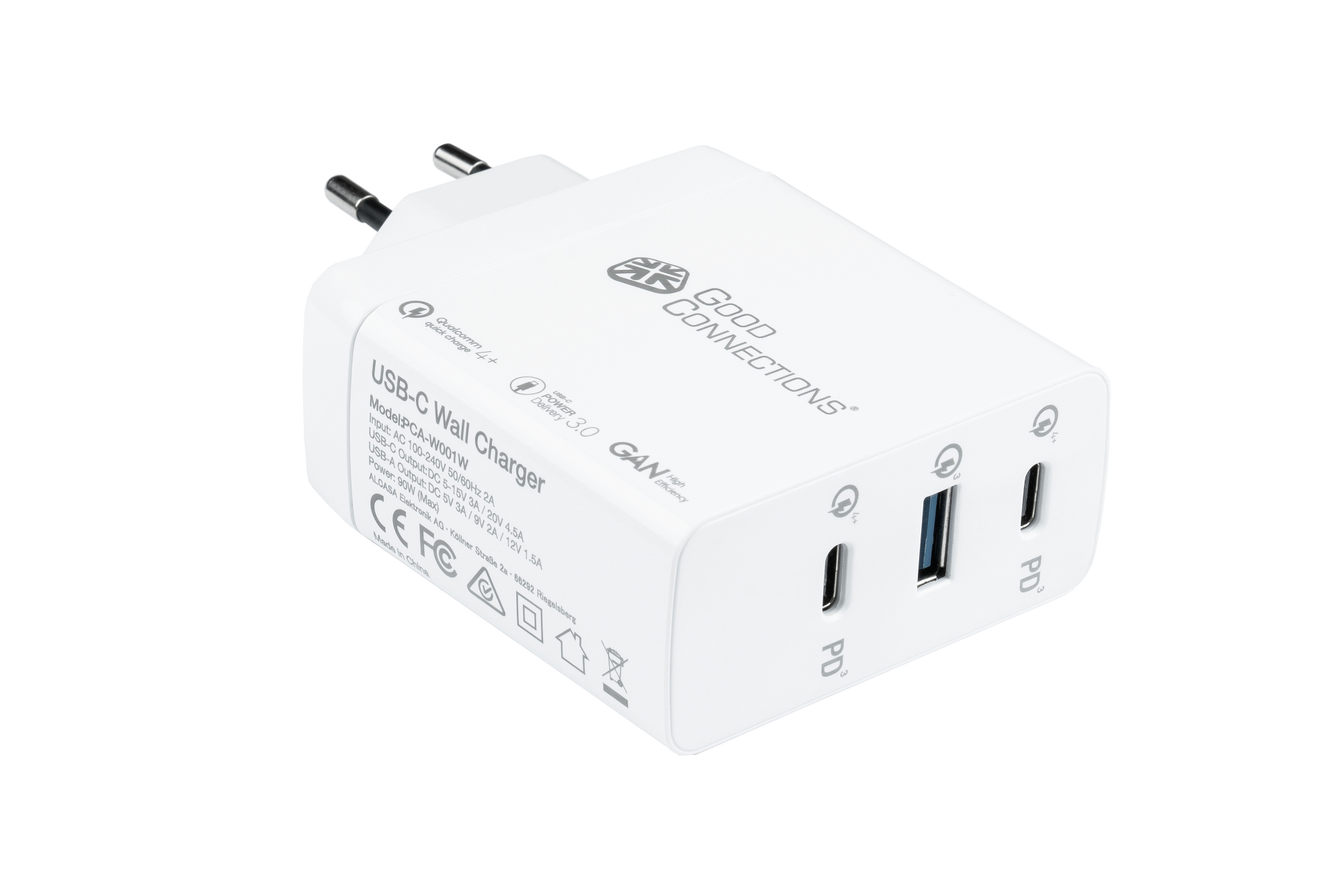 USB fast charger 100W with GaN technology, 3-port (2x USB-C™ and 1x USB-A), PD 3.0, QC 4+, white, Good Connections®