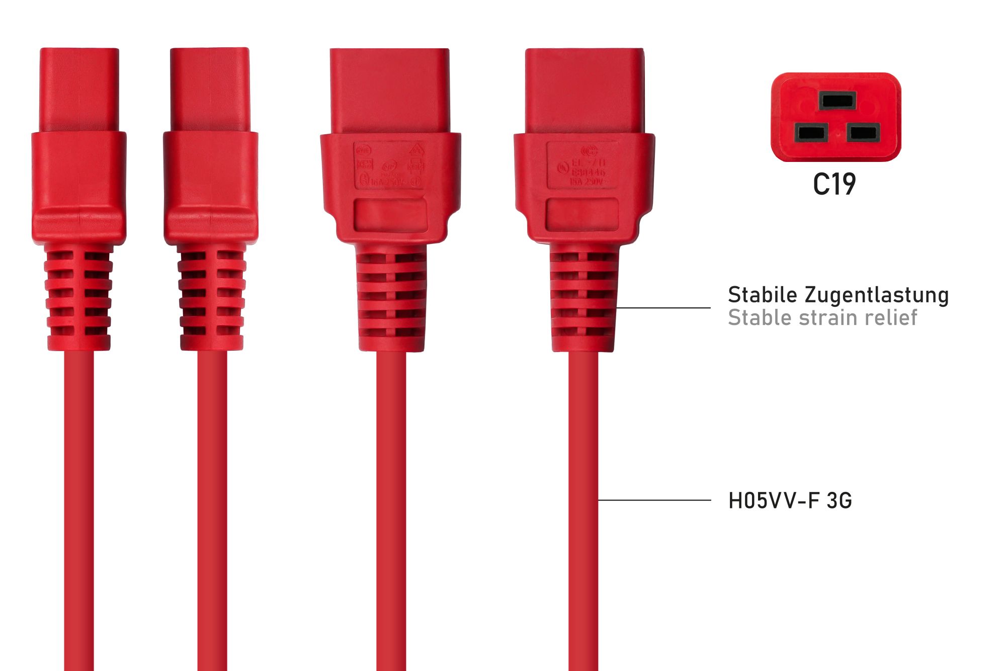 kabelmeister® Netzkabel Schutzkontakt-Stecker Typ E+F (90° gew.) an Kaltgeräte-Buchse C19, rot, 1,00mm², 1,8m