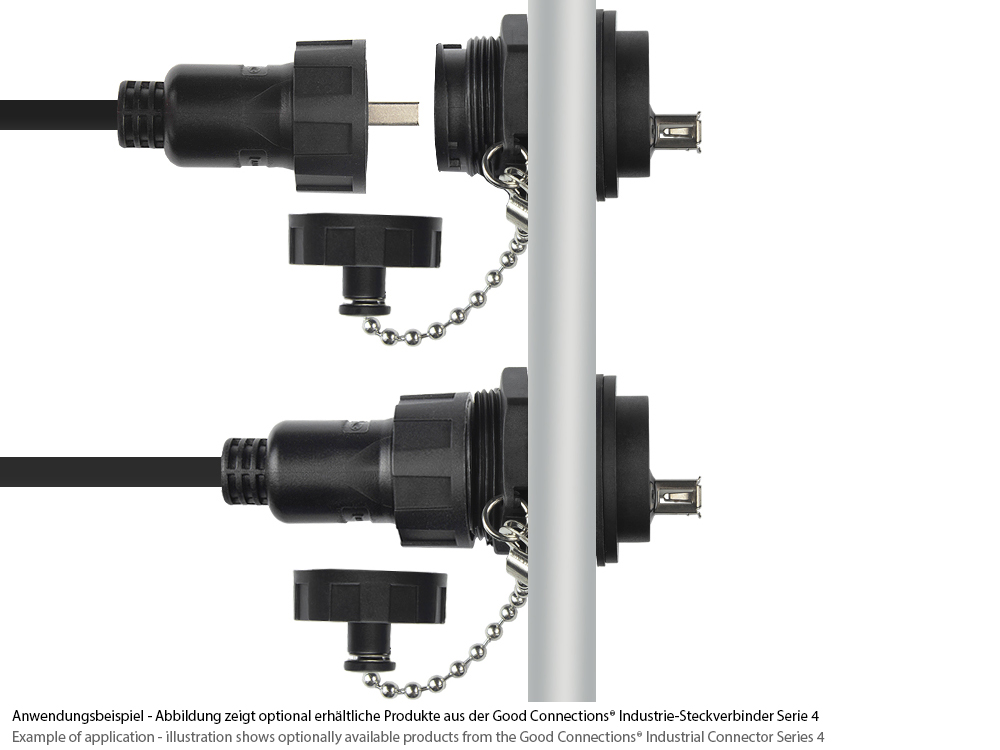 Industrial Connector S4 - USB 2.0 feed-through coupling, socket A on both sides, single-ended with cover, bayonet, IP67, black, Good Connections®