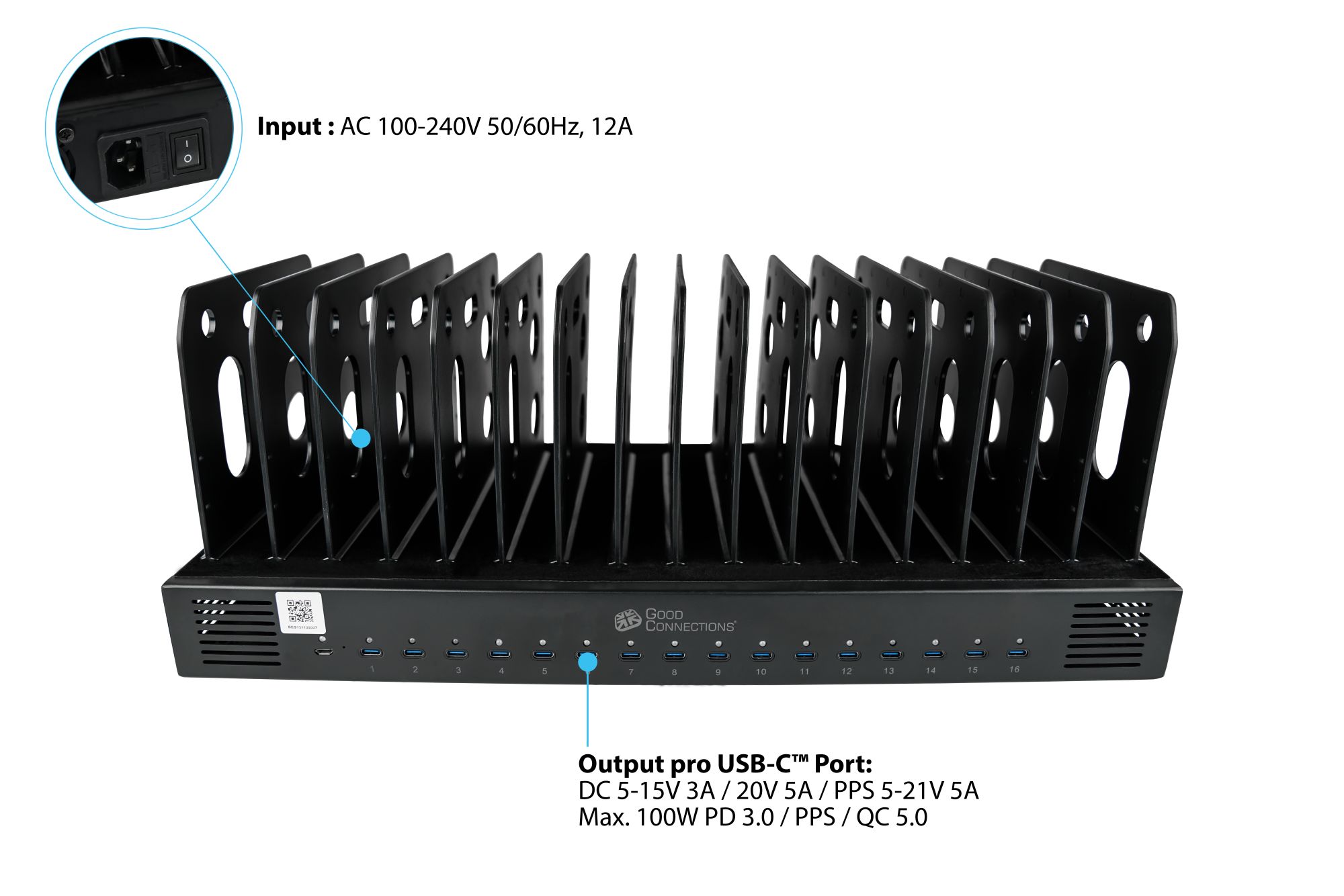USB desktop fast charging station 1000W, 16 ports (16x USB-C™), PD 3.0, PPS, QC 5, black, Good Connections®