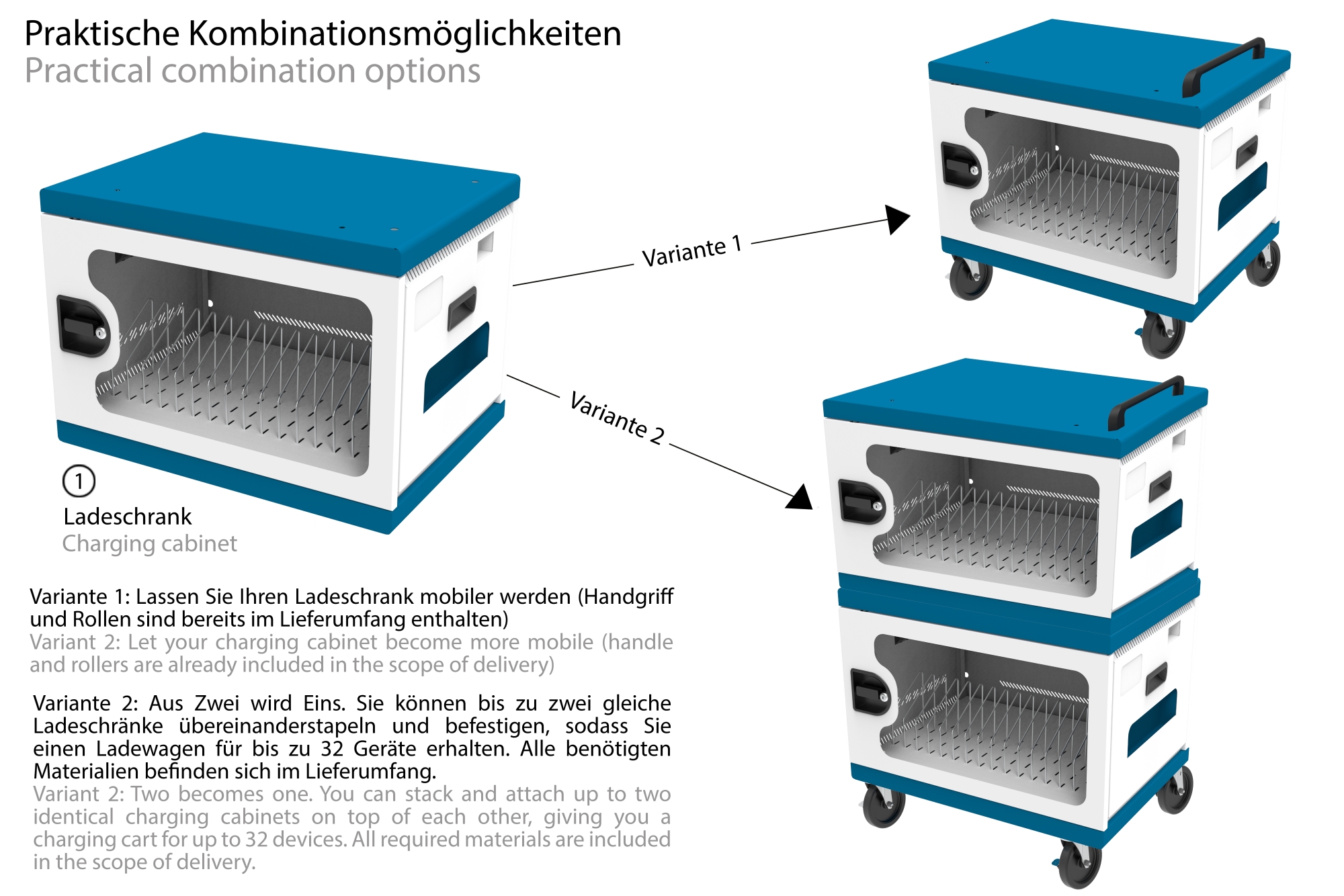 Good Connections® GEMMA N16 Notebook charging cabinet/cart for 16 devices, safety contact sockets, white/blue