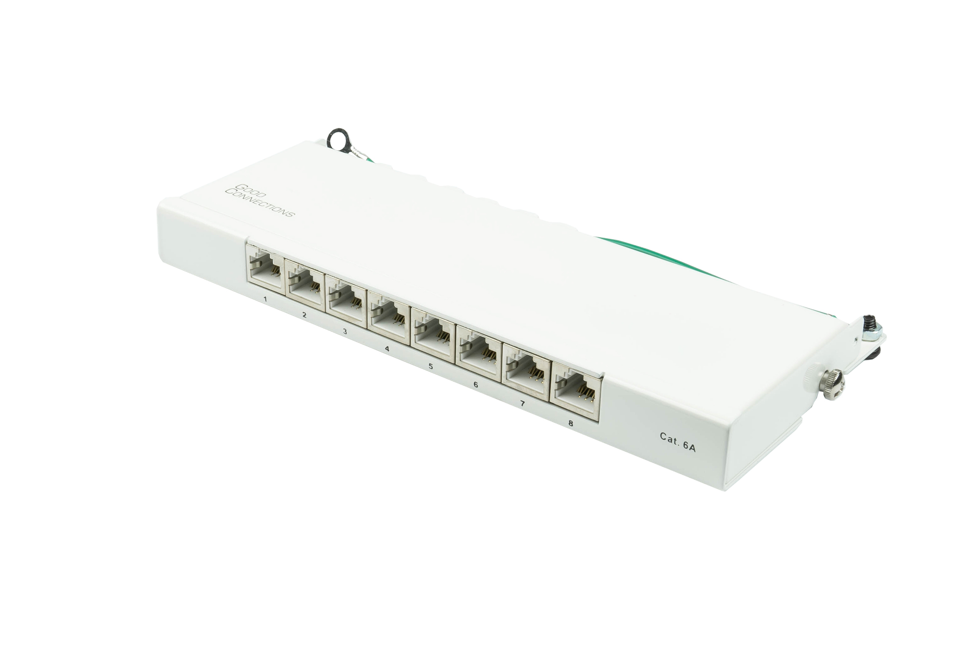 Patch Panel Desktop Cat. 6A, 8-port, 0,5 U, STP shielded, toolless opening, pure white (RAL9010), Good Connections®