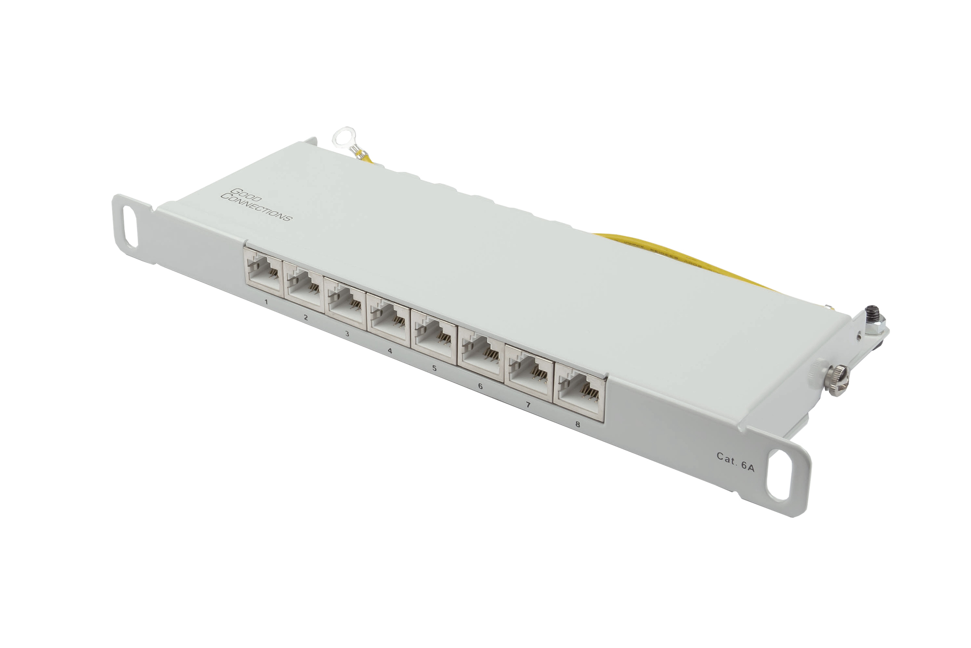 Patch Panel 10" Cat. 6A, 8-port, 0,5 U, STP shielded, toolless opening, light grey (RAL7035), Good Connections®