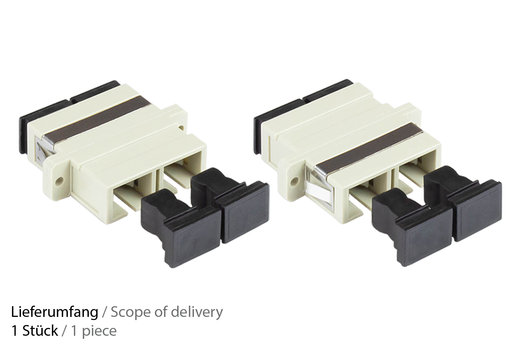 Fibre optic duplex coupling, SC (UPC) to SC (UPC), OM2, Multimode, plastic housing with flange, ceramic sleeve, grey, Good Connections®
