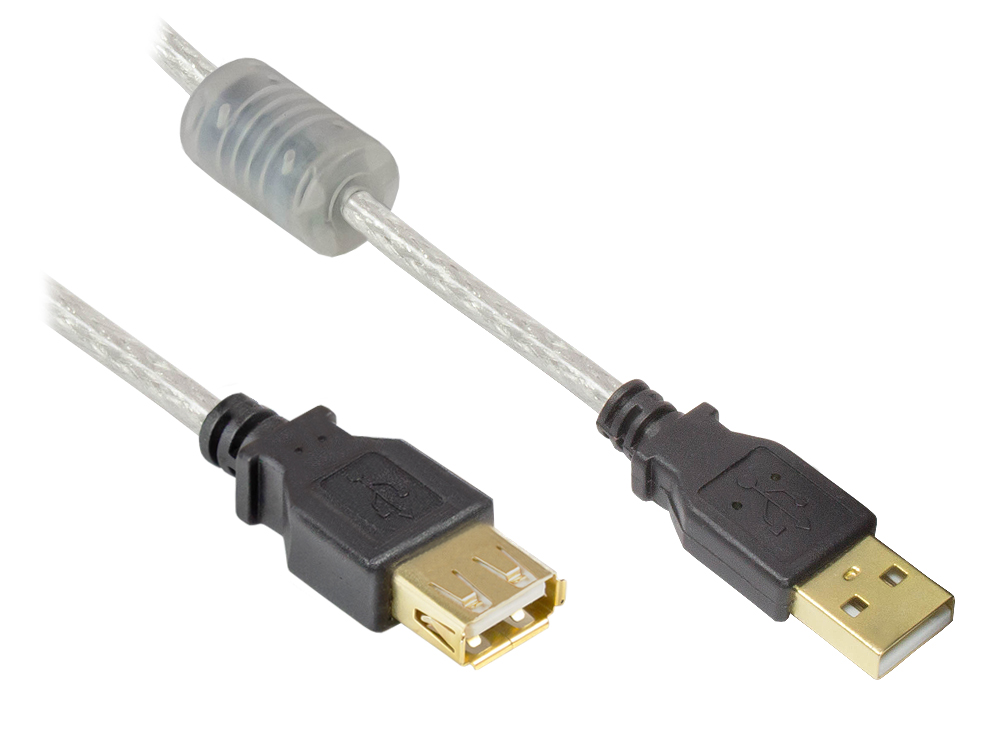 Extension cord USB 2.0 plug A to socket A, high-quality with ferrite core and gold-plated contacts, transparent, 2m, Good Connections®