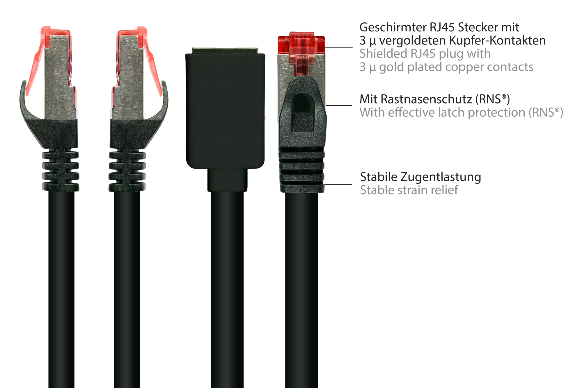 RNS® Patchkabelverlängerung mit Rastnasenschutz, Cat. 6, S/FTP, PiMF, PVC, 250MHz, OFC, CU, schwarz, 10m, Good Connections®