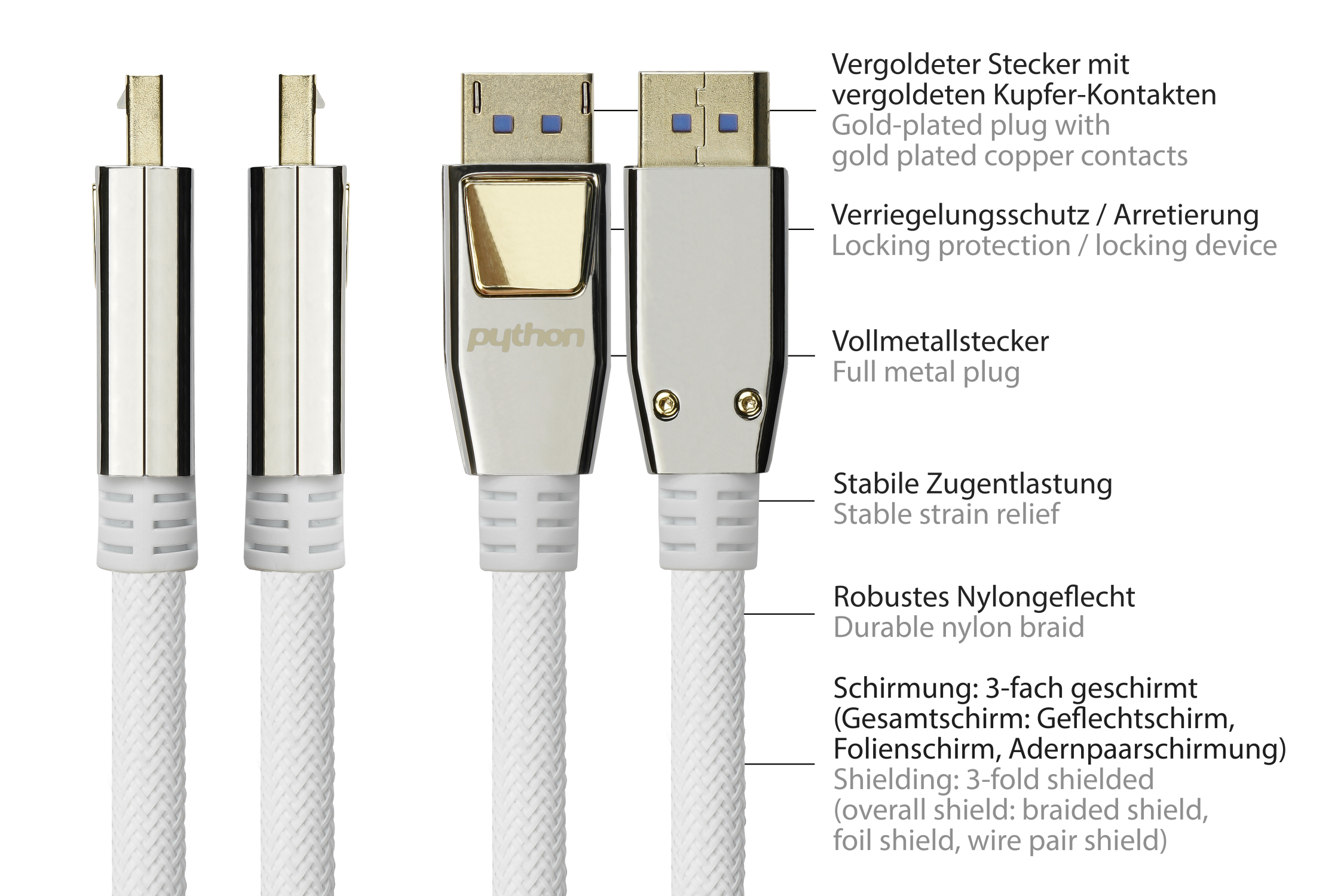 DisplayPort 2.0 cable, 54 Gbps, UHBR 13.5, 4K @240Hz / 8K @60Hz, full metal connector, CU, nylon braid white, 2m, PYTHON® Series