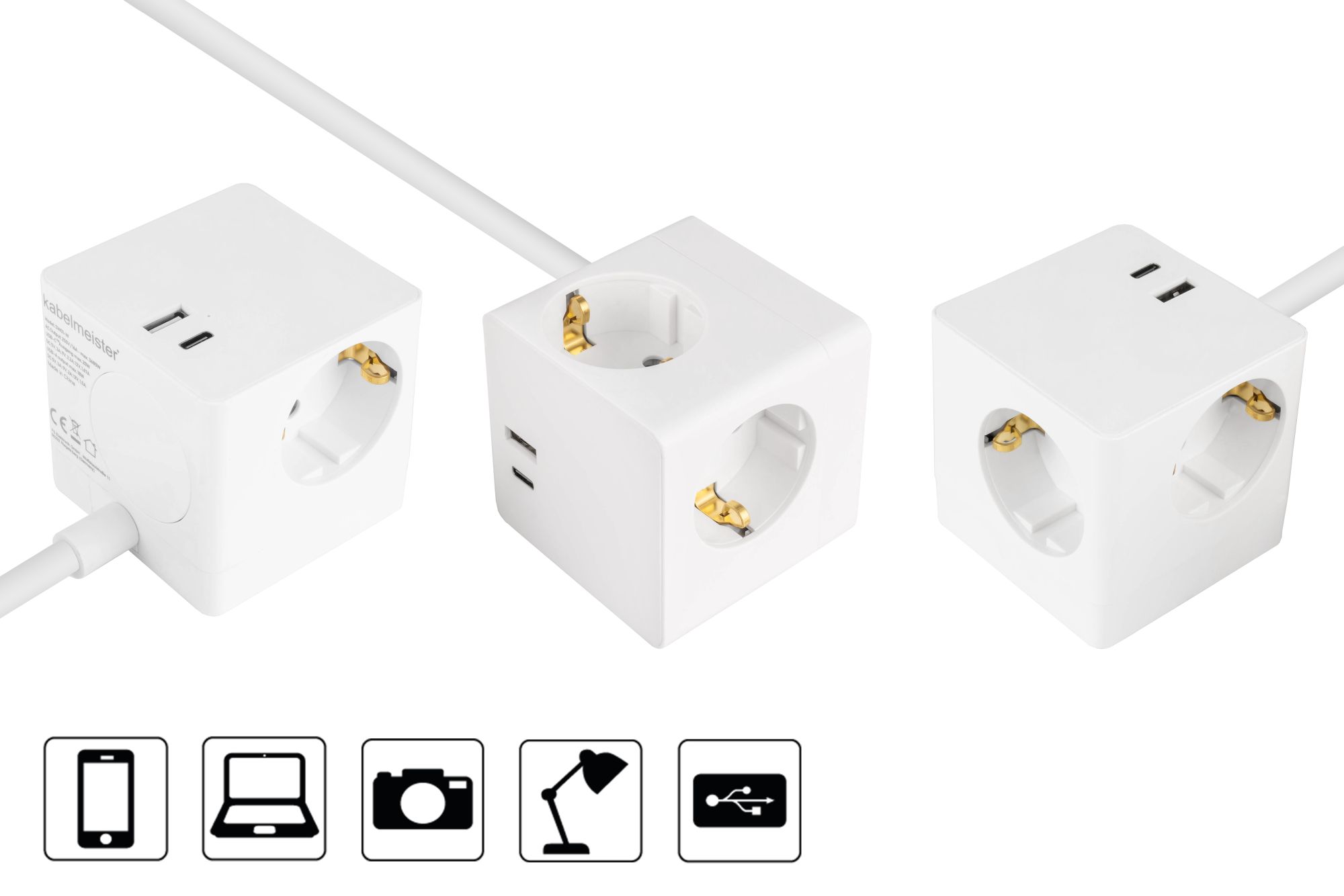 kabelmeister® Socket cube with 3m supply cable, 3x safety socket, USB-C™ (20W, PD 3.0) and USB-A socket (18W), white
