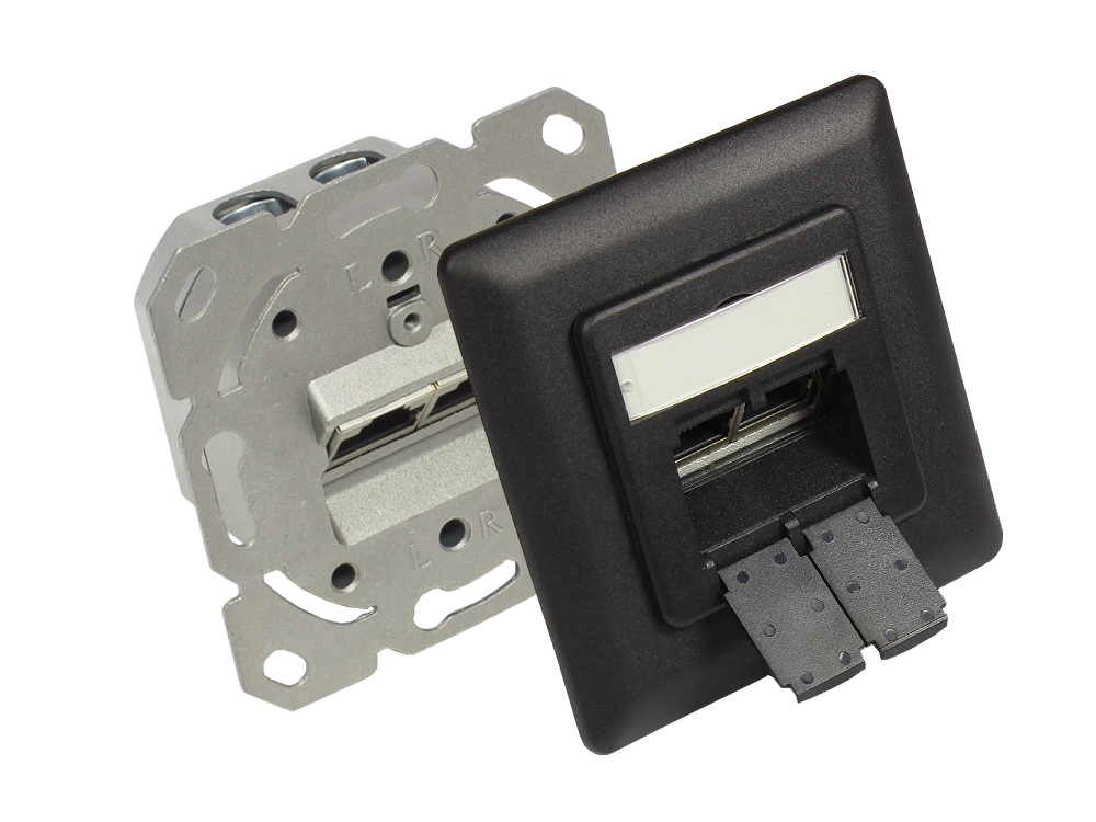 Netzwerkdose Cat. 6, 2xRJ45, geschirmt, Unterputzdose, inkl. Zentralstück und Abdeckrahmen, tiefschwarz (matt) RAL9005, Good Connections