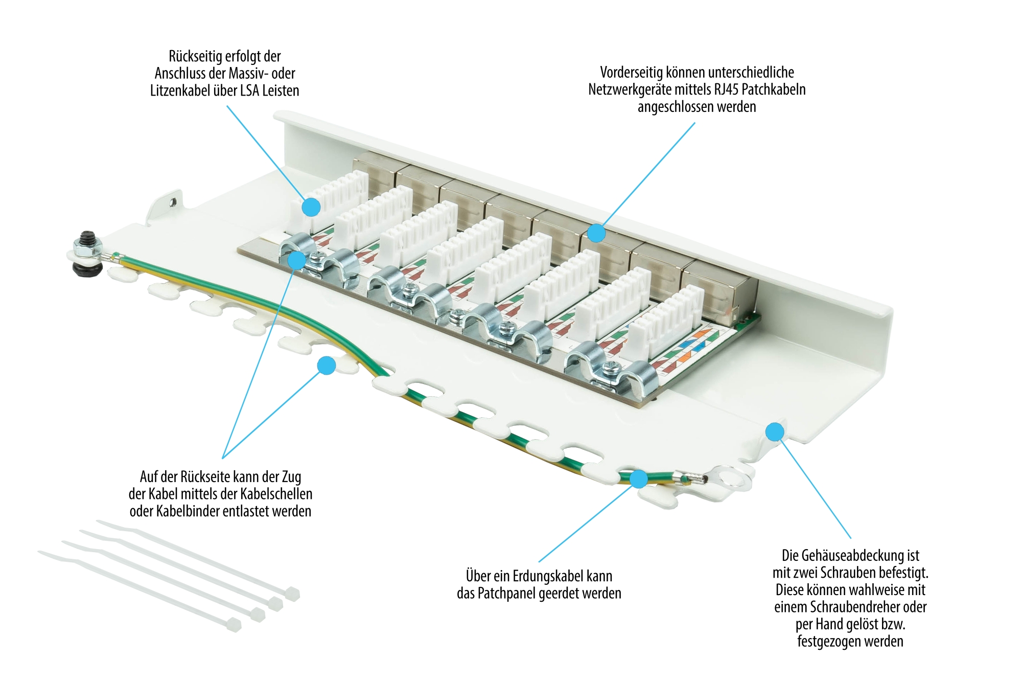 Patch Panel Desktop Cat. 6A, 8-port, 0,5 U, STP shielded, toolless opening, pure white (RAL9010), Good Connections®