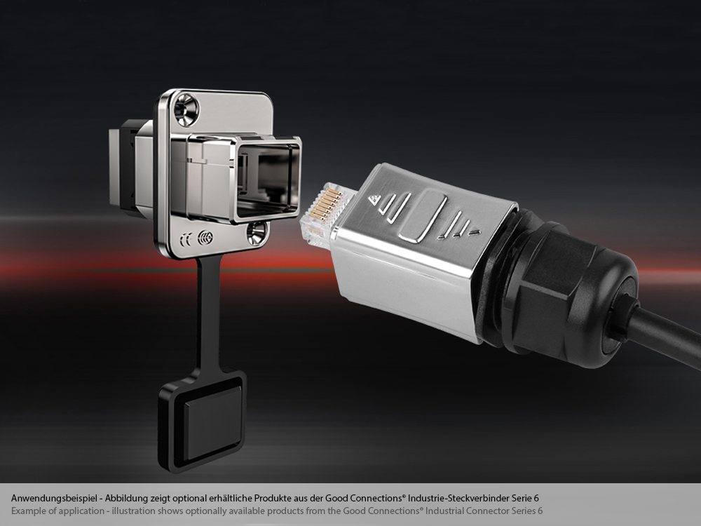 Industrial connector S6 - RJ45 feed-through coupling with PCB board / printed circuit board, RJ45 socket on both sides, metal, Good Connections®