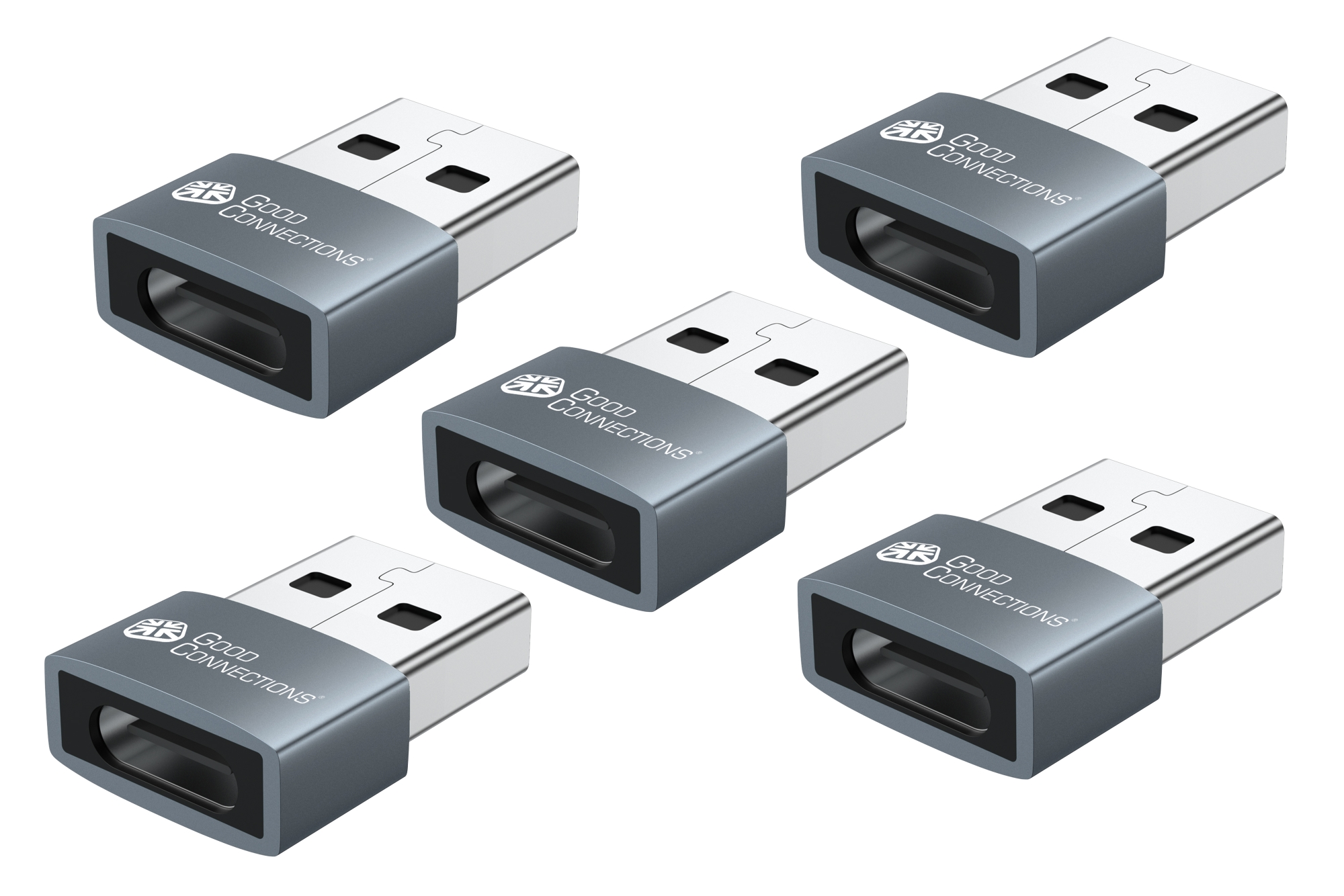 Adapter USB 2.0 plug A to USB-C™ socket, aluminum housing, grey, set of 5, Good Connections®