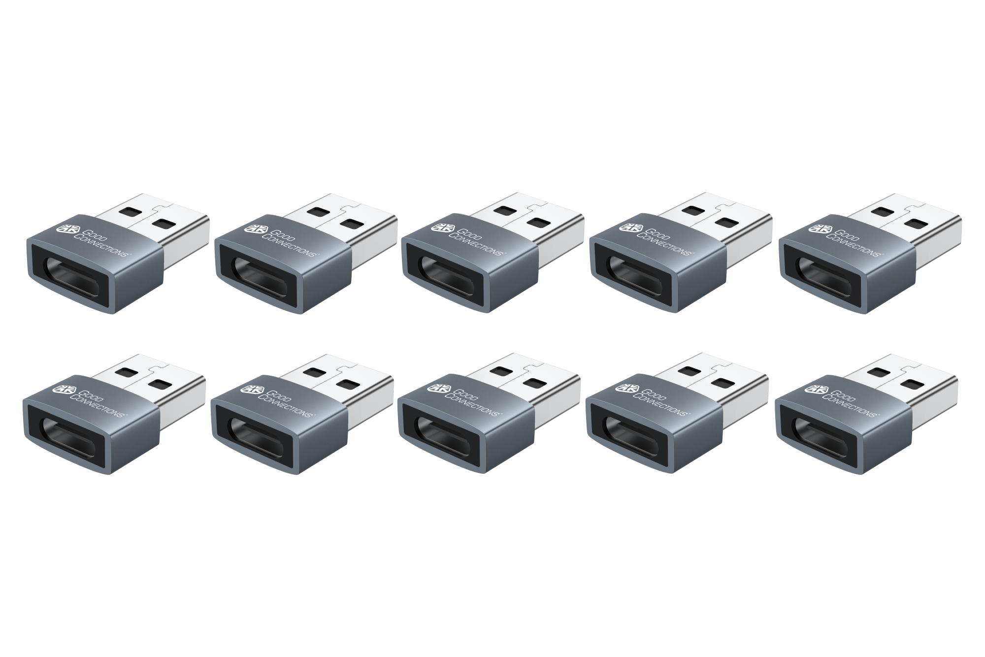 Adapter USB 2.0 plug A to USB-C™ socket, aluminum housing, grey, set of 10, Good Connections®