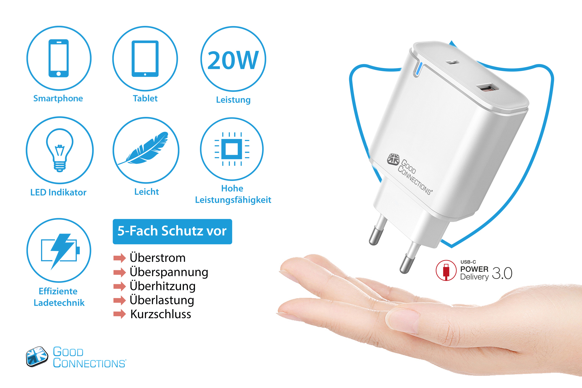 USB fast charger 20W, 2-port (1x USB A, 1x USB C™), PD 3.0, white, Good Connections®