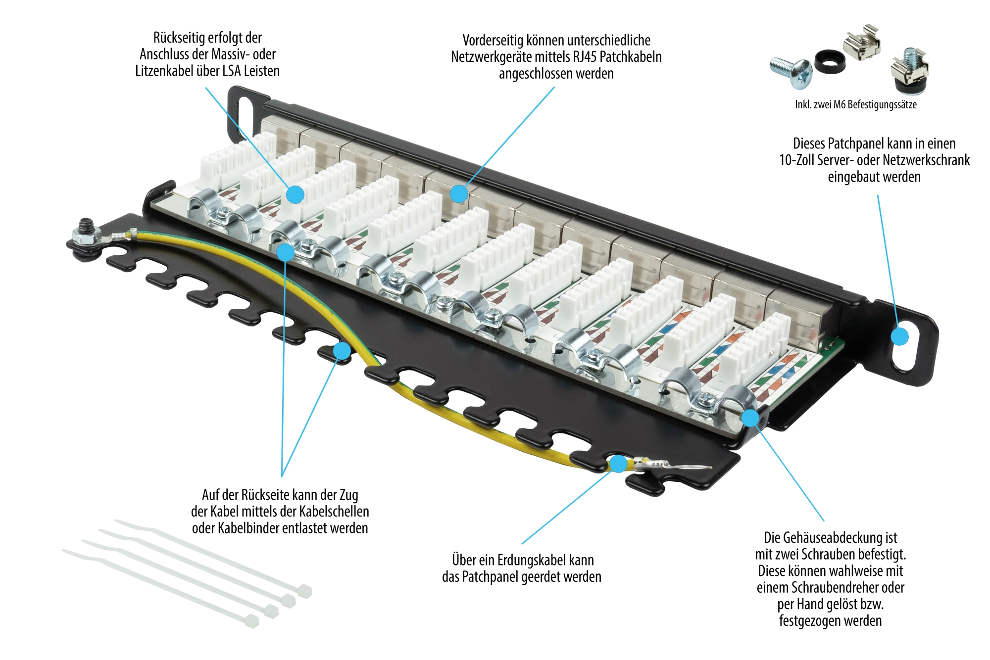Patch Panel 10" Cat. 6A, 12-port, 0,5 U, STP shielded, toolless opening, deep black (RAL9005), Good Connections®