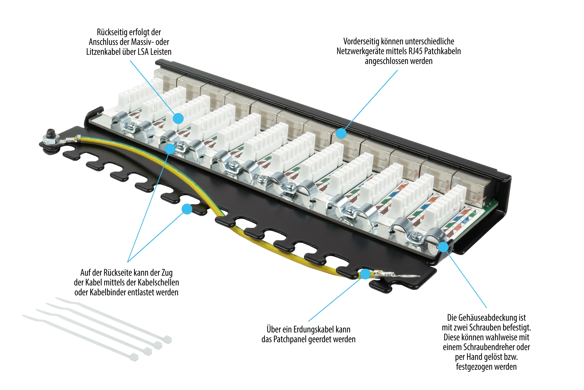 Patch Panel Desktop Cat. 6A, 12-port, 0,5 U, STP shielded, toolless opening, deep black (RAL9005), Good Connections®