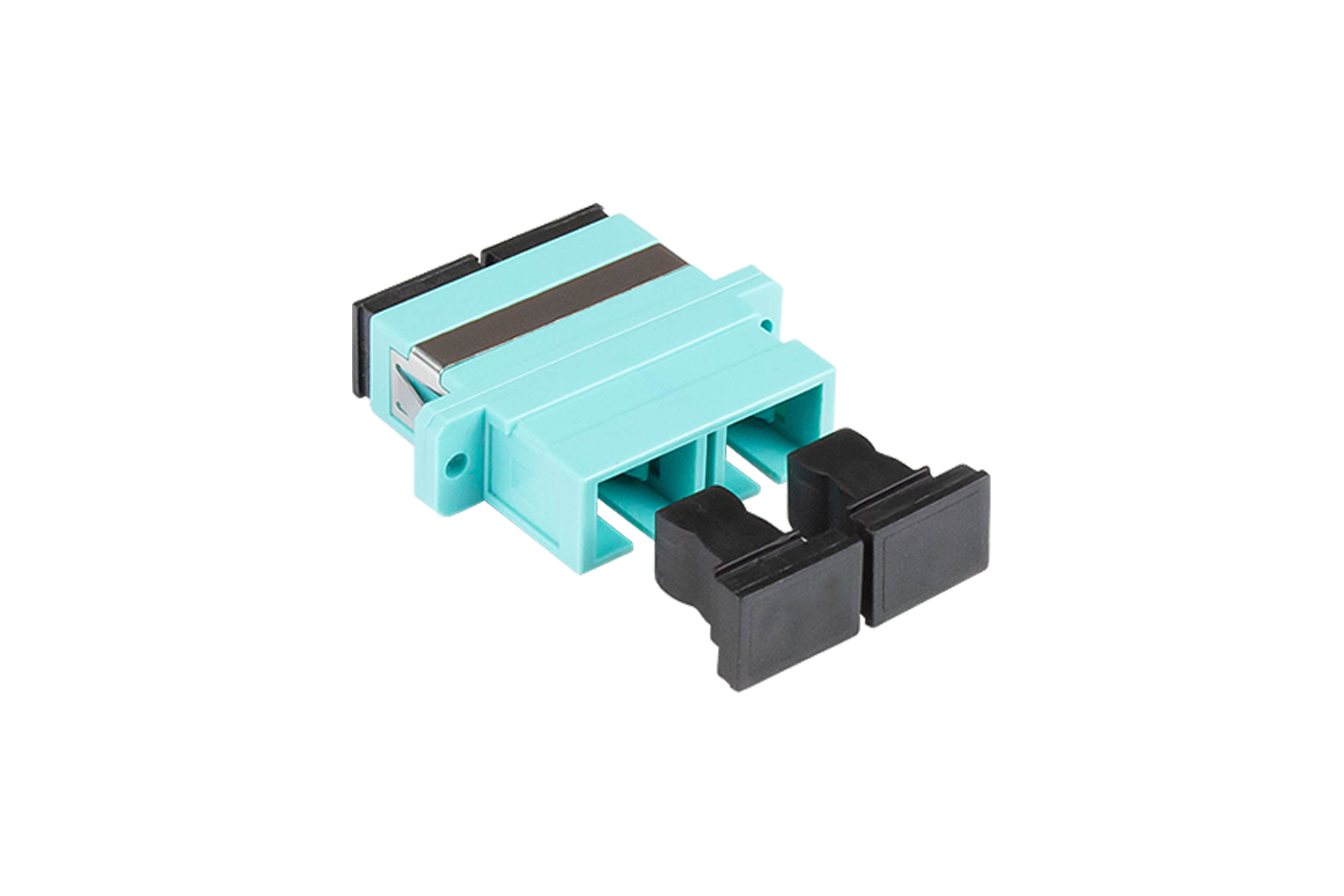 Fibre optic duplex coupling, SC (UPC) to SC (UPC), OM3, Multimode, plastic housing with flange, ceramic sleeve, aqua, Good Connections®