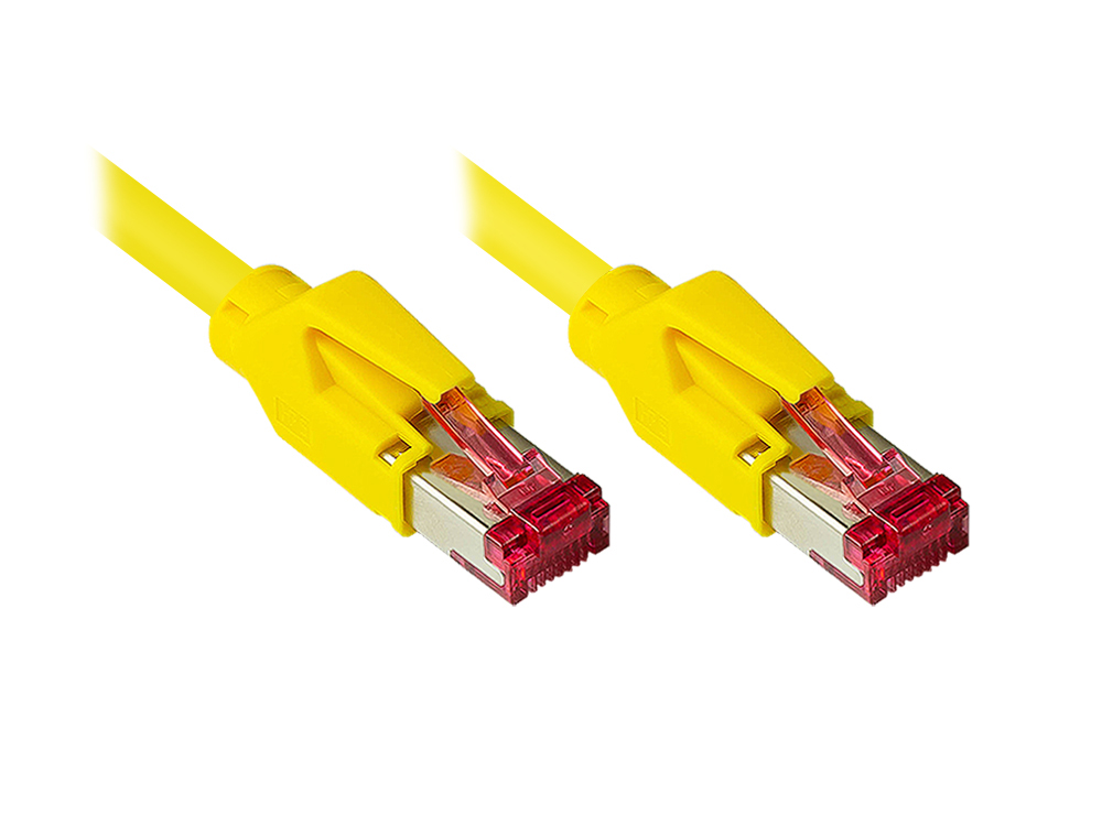 Patchkabel mit Cat. 7 Draka UC900 Rohkabel (900MHz) und Hirose TM21 Stecker (250MHz) beidseitig, S/FTP, PiMF, halogenfrei (LSZH), KUPFER, gelb, 24m