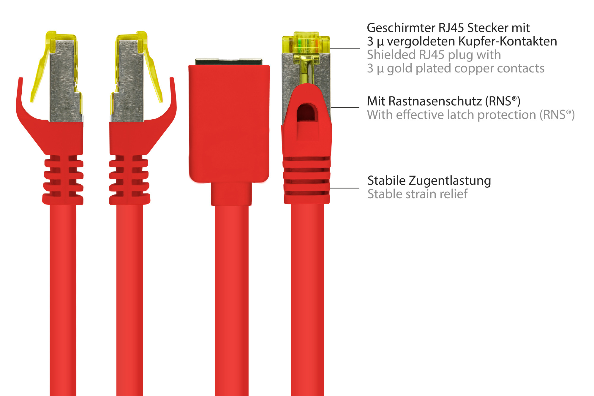RJ45 Patchkabelverlängerung mit Cat. 7 Rohkabel und Rastnasenschutz (RNS®), S/FTP, PiMF, halogenfrei, 500MHz, OFC, rot, 1m, Good Connections®