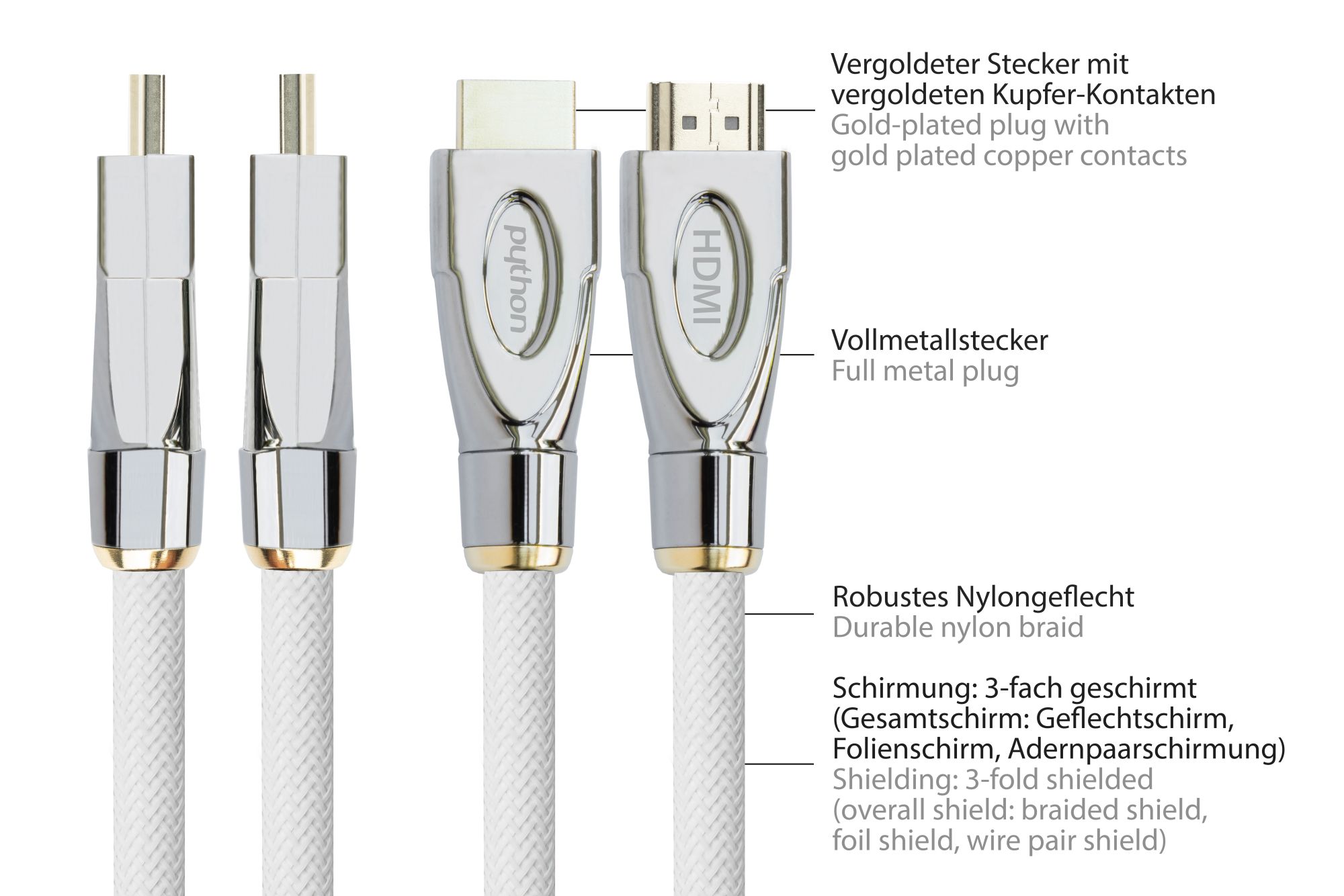 Connection cable HDMI® 2.0 cable 4K2K / UHD 60Hz, 24K gold-plated contacts, OFC, nylon braided white, 1m, PYTHON® Series