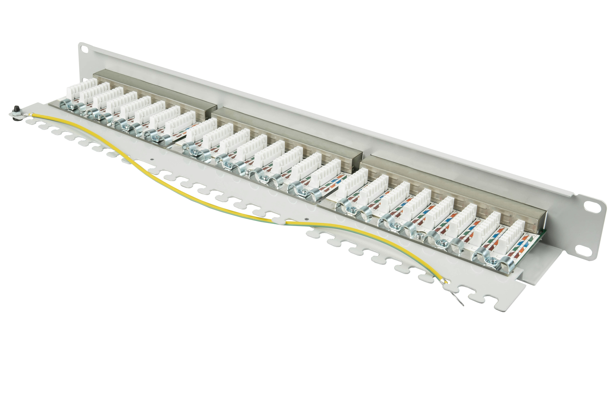 Patchpanel 19" Cat. 6, 24-Port, 1 HE, STP geschirmt, werkzeugloses Öffnen, Lichtgrau (RAL7035), Good Connections®