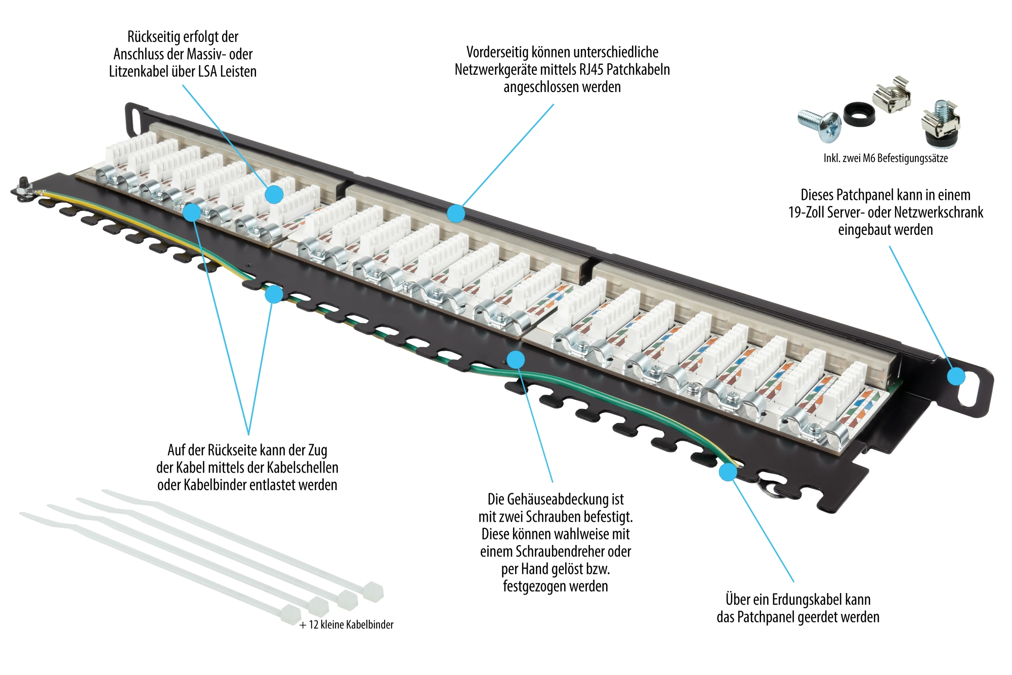 Patch Panel 19" Cat. 6, 24-port, 0,5 U, STP shielded, toolless opening, deep black (RAL9005), Good Connections®