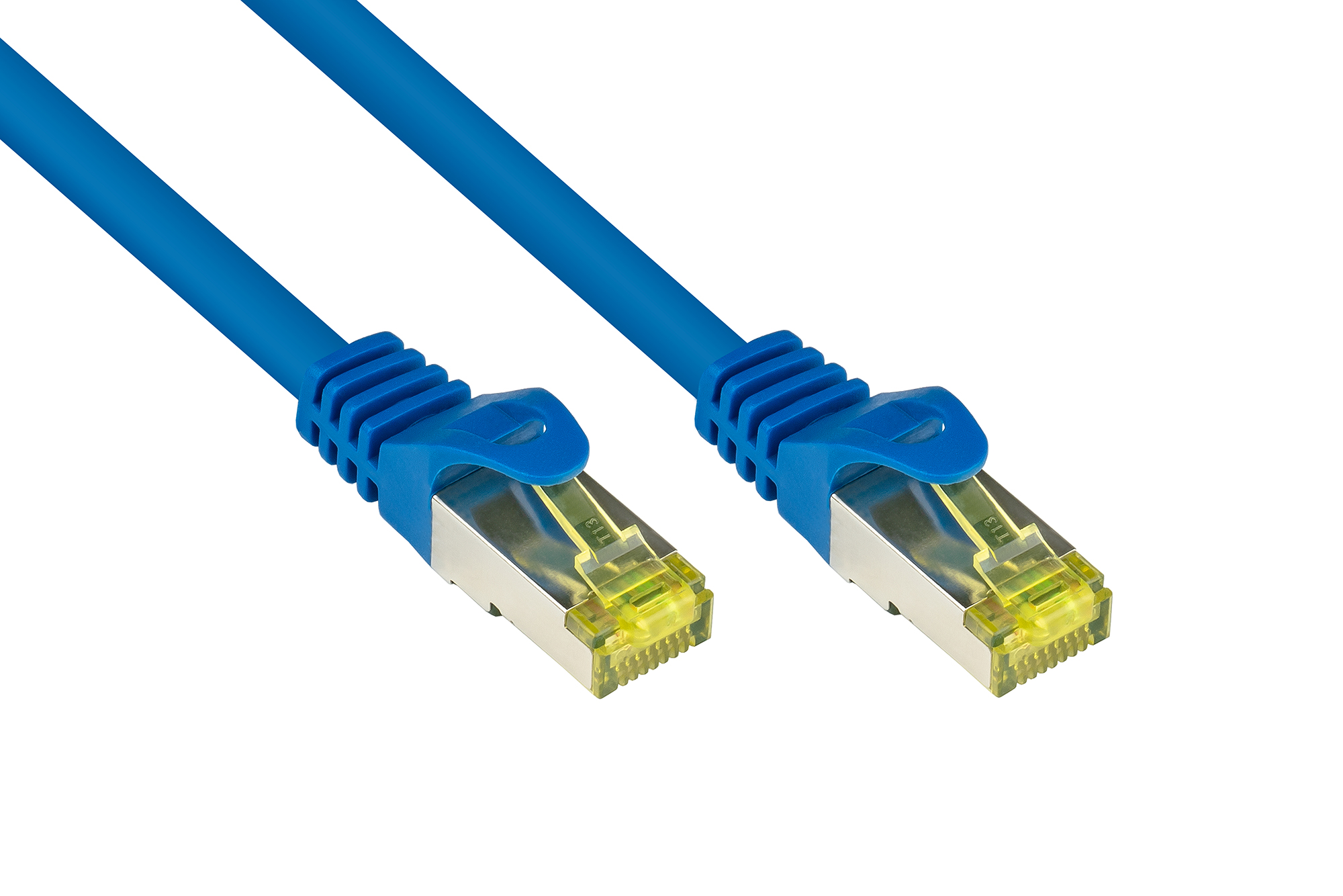 RJ45 Patchkabel mit Cat. 7 Rohkabel und Rastnasenschutz (RNS®), S/FTP, PiMF, halogenfrei, 500MHz, OFC, blau, 20m, Good Connections®