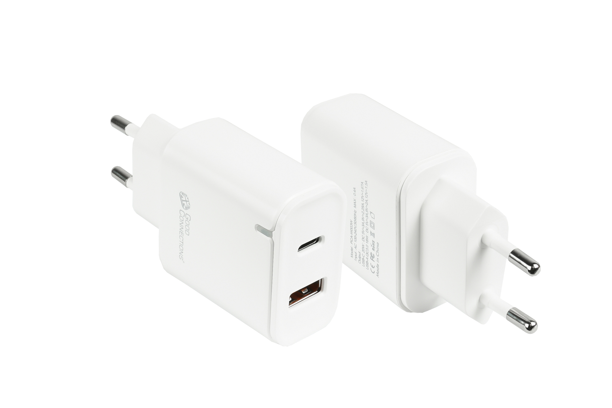 USB fast charger 20W, 2-port (1x USB A, 1x USB C™), PD 3.0, white, Good Connections®