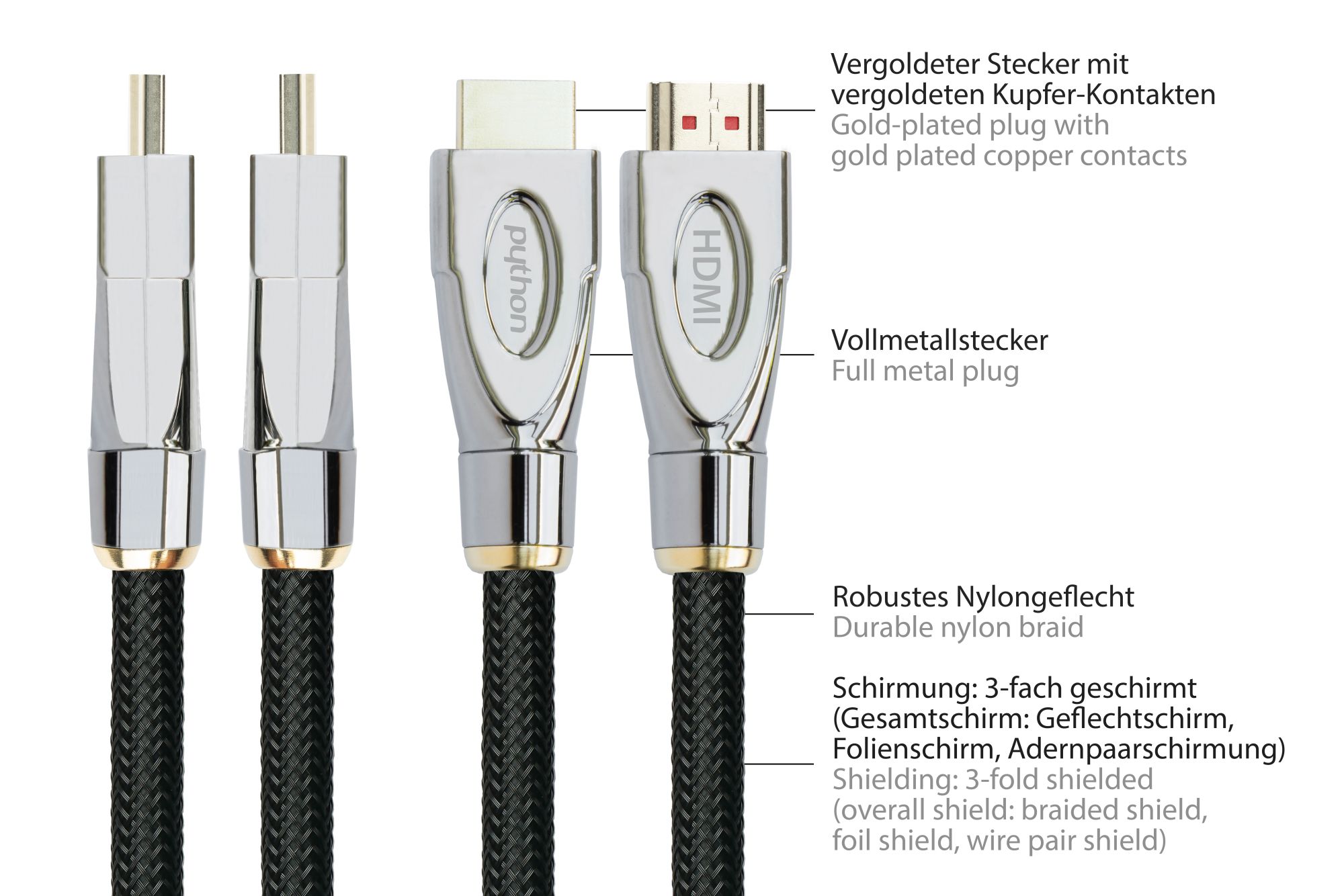 Ultra-high-speed HDMI® 2.1 cable, 8K UHD-2 / 4K UHD, all-metal plugs, CU, nylon mesh, black, 3m, PYTON® Series