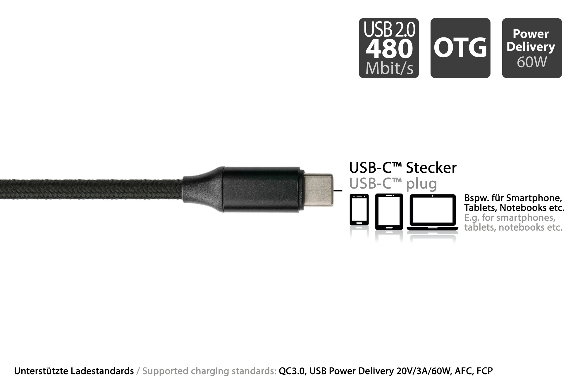 USB 2.0 charging and data cable, USB-A and USB-C™ to USB-C™, QC 3.0, PD 60W, textile sheath, black, 1m, PYTHON® Series
