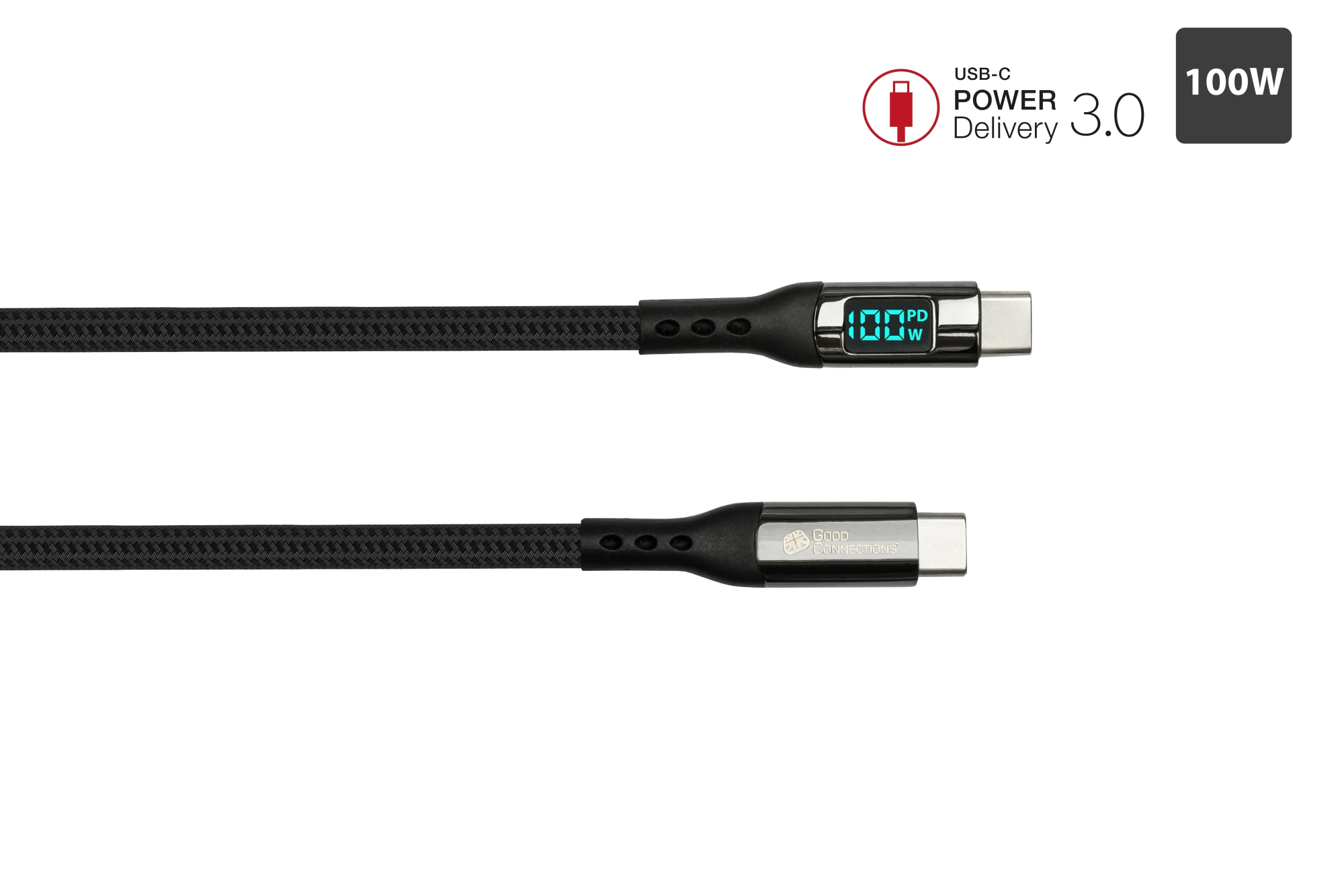 USB 2.0 Lade- und Datenkabel (100W) mit Digitalanzeige, USB-C™ Stecker an USB-C™ Stecker, schwarz, 1m, Good Connections®