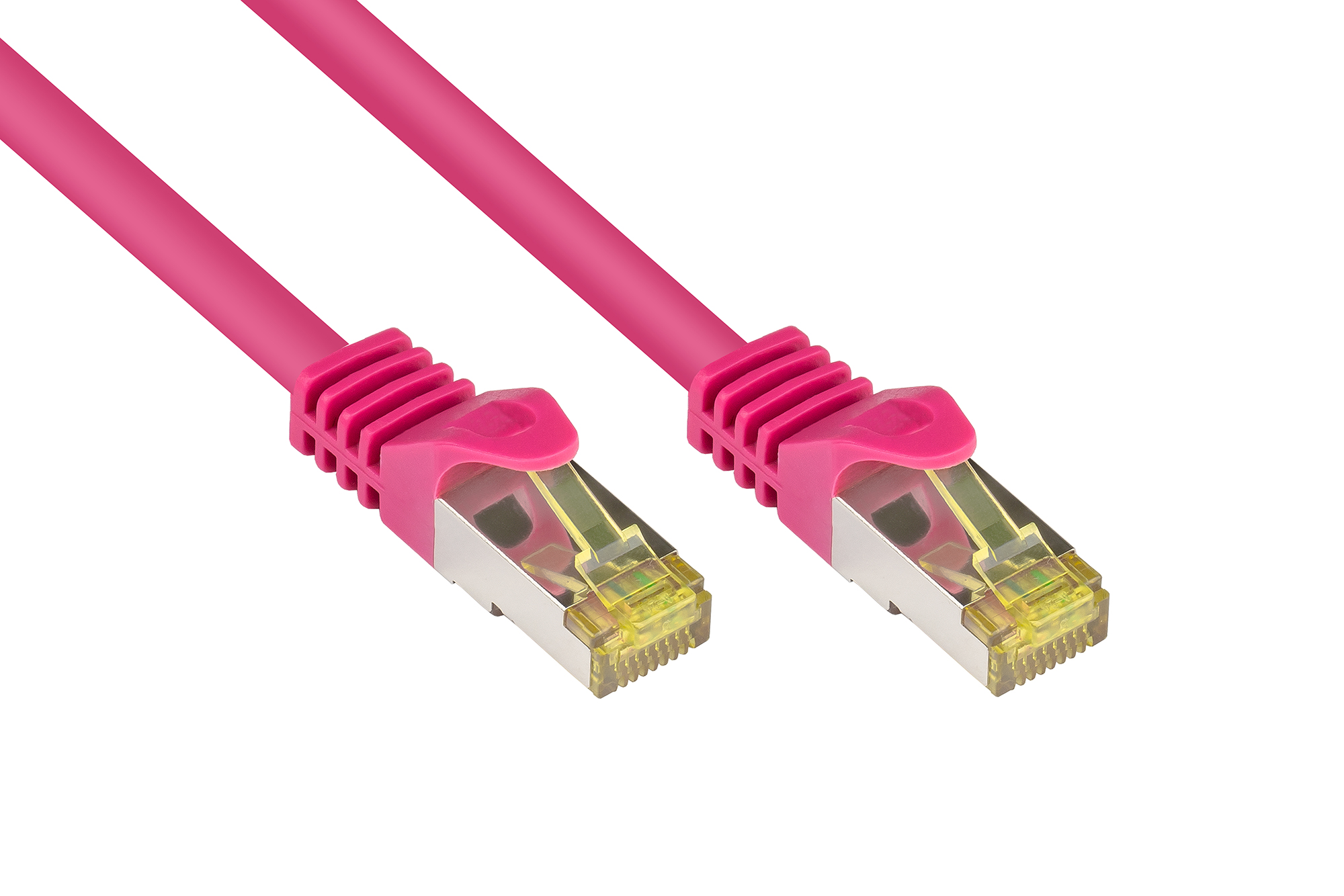 RJ45 Patchkabel mit Cat. 7 Rohkabel und Rastnasenschutz (RNS®), S/FTP, PiMF, halogenfrei, 500MHz, OFC, magenta, 30m, Good Connections®