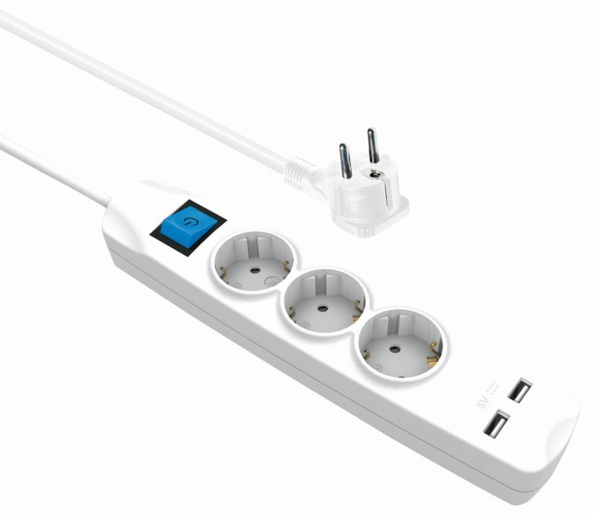 Steckdosenleiste 3-fach + 2x USB (2,1A), mit Schalter, flachen Schutzkontaktstecker, Berührungsschutz, weiß, 1,5m
