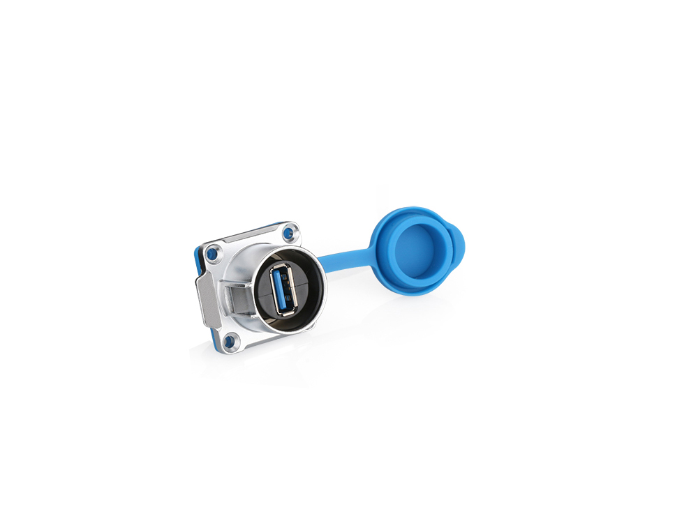 Industrial Connector S1 - USB 3.0 Feedthrough coupler with flange, socket A on both sides, metal, M24, IP65/67, Good Connections®