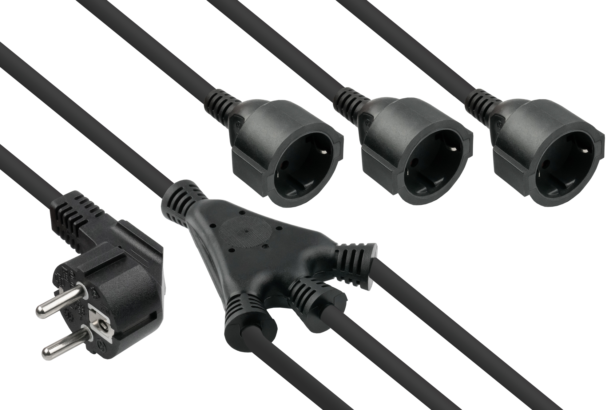 kabelmeister® W Power cable safety plug type E+F (CEE 7/7, angled) to 3x socket, black, 0,2m