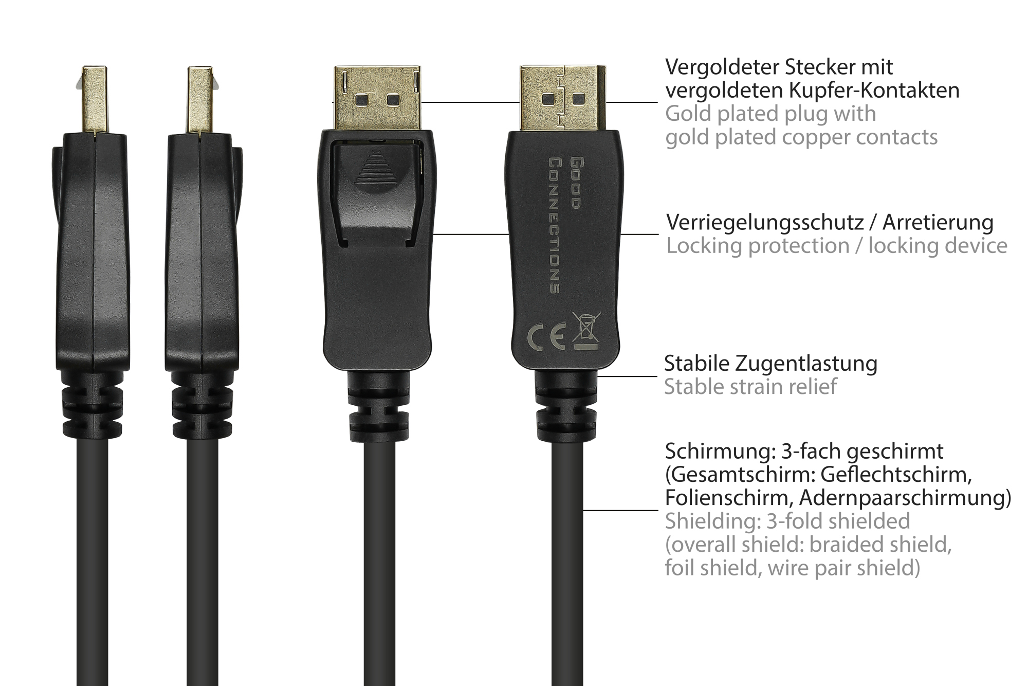 Anschlusskabel DisplayPort 1.2 an HDMI, 24K vergoldete Konta