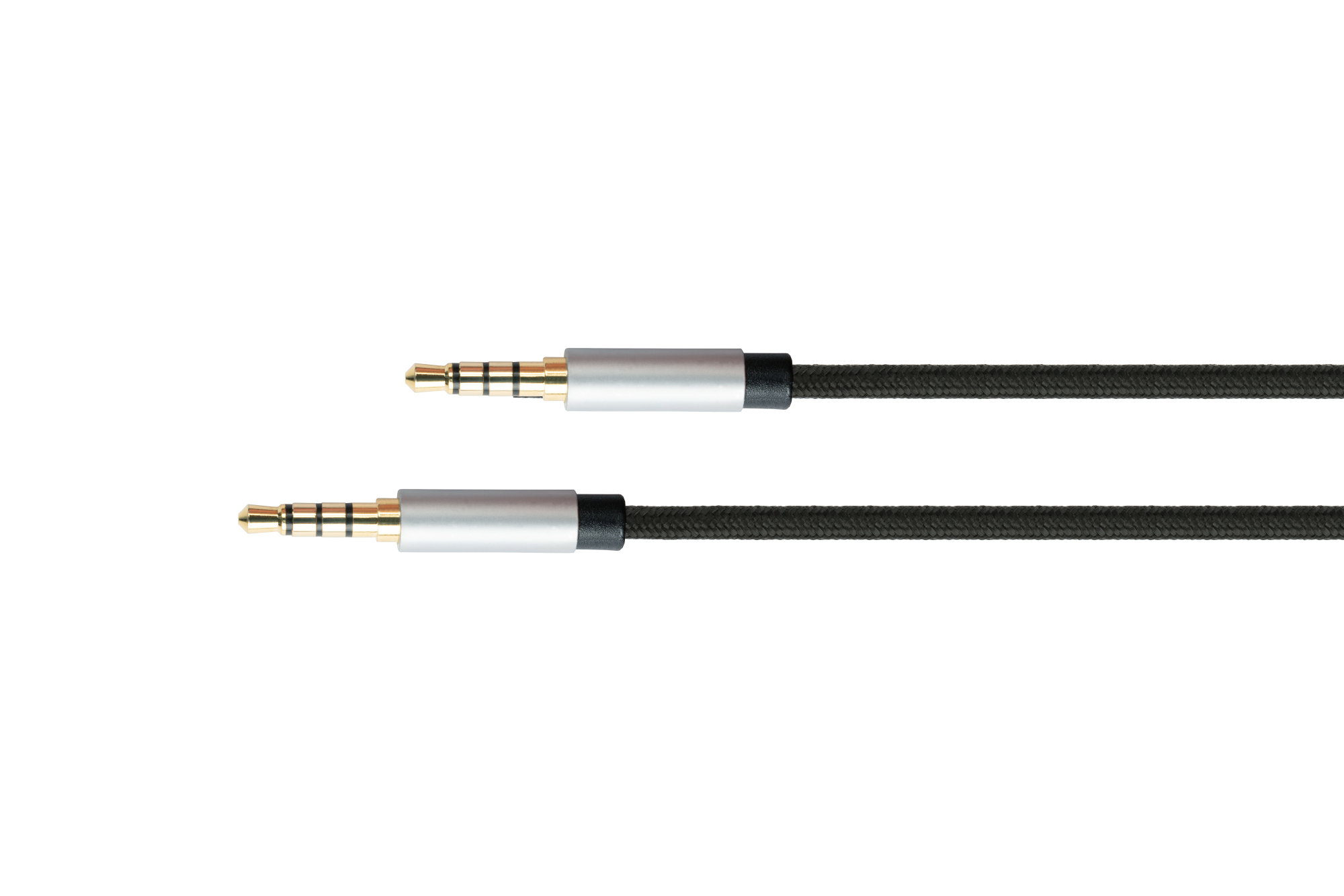 High-quality audio connection cable, 4-pin, 3,5mm jack connectors on both sides, textile coated, black, 2m, PYTHON® Series