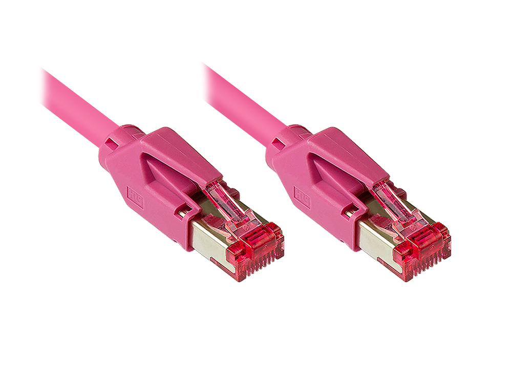 Patchkabel mit Cat. 7 Draka UC900 Rohkabel (900MHz) und Hirose TM21 Stecker (250MHz) beidseitig, S/FTP, PiMF, halogenfrei (LSZH), KUPFER, magenta, 20m